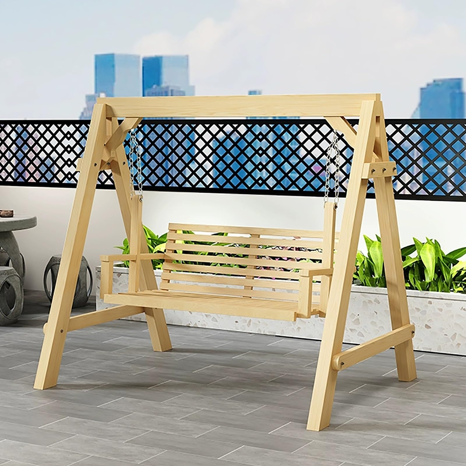Altalena da portico in legno con supporto, panca da patio a 2 posti con schienale e braccioli, resistente capacità di 362,9 kg, per giardino, cortile, terrazza, relax a bordo piscina