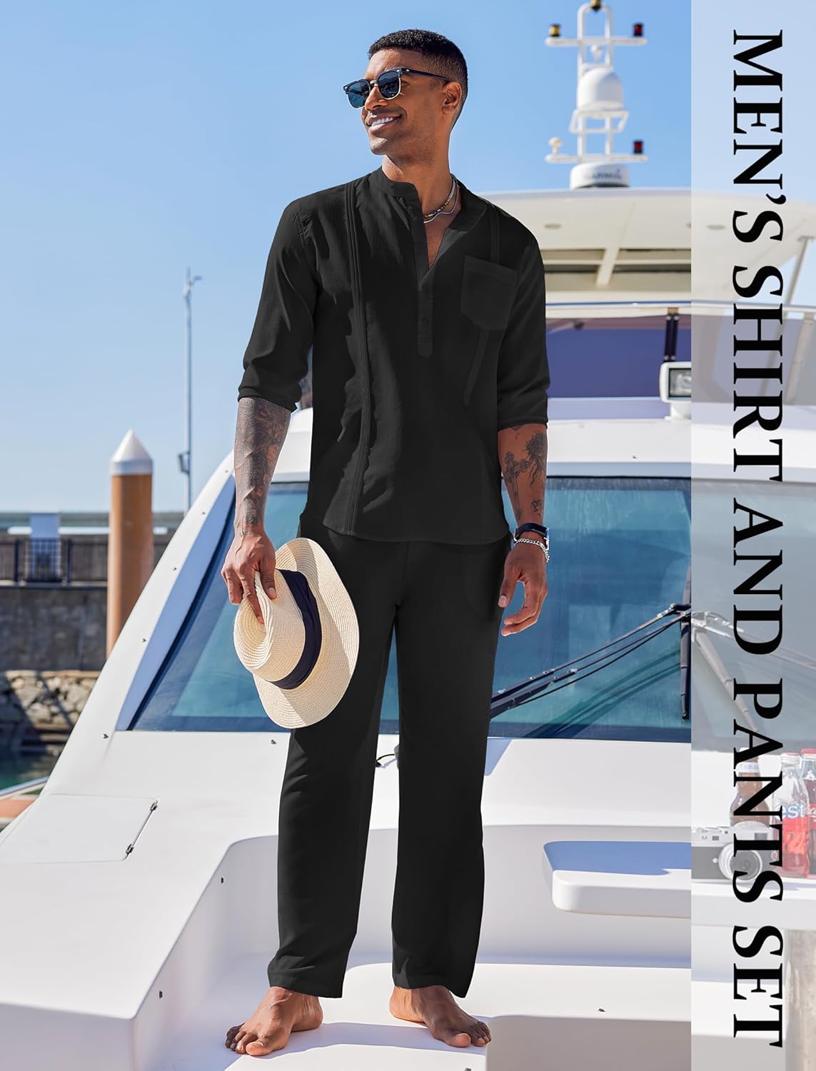 COOFANDY Men's 2 Piece Cotton Sets Casual Long Sleeve Cuban Henley Shirt and Loose Pants Set Beach Vacation Outfits - Image 3