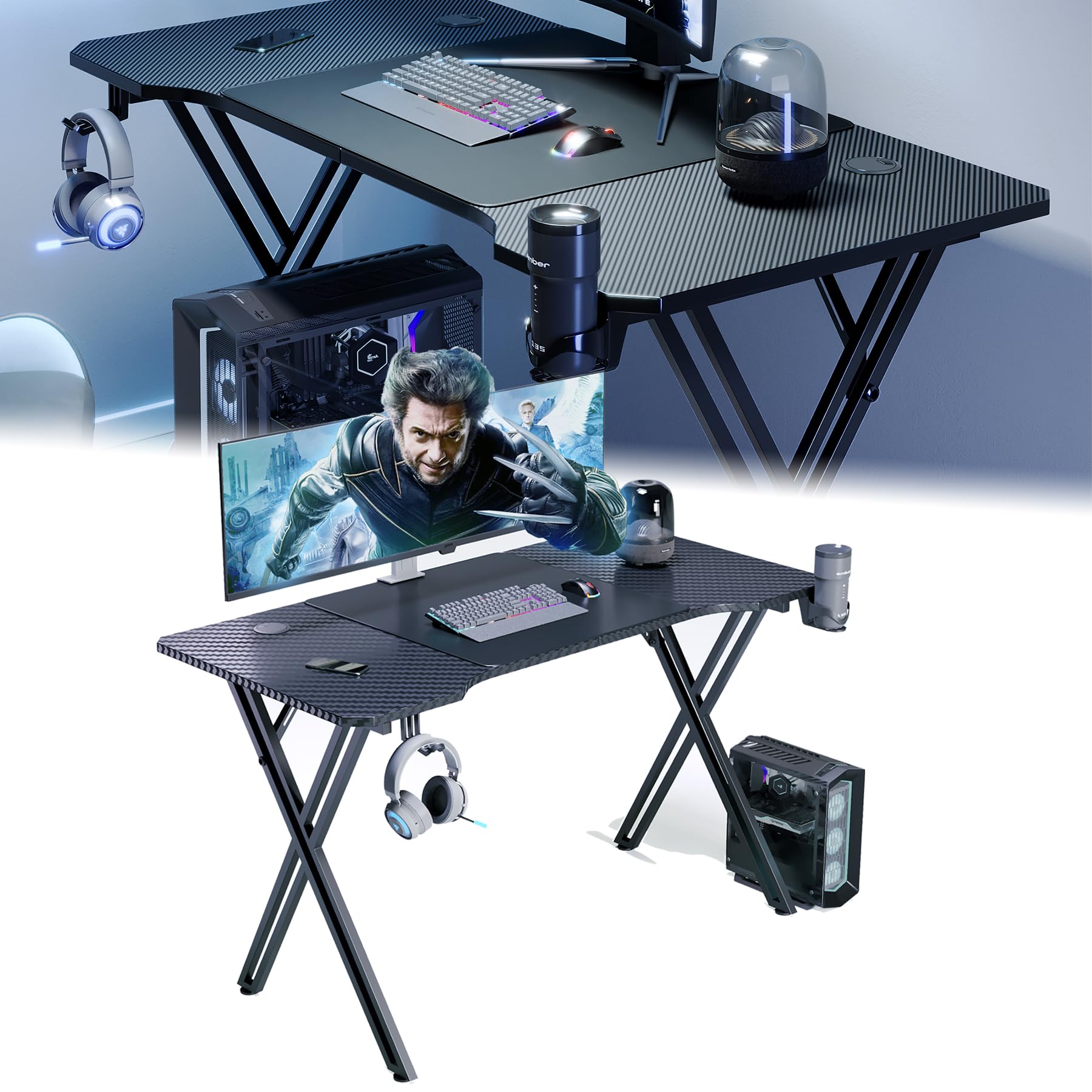 LZQ Mesa Gaming 160 x 60 cm, con Marco en X, Escritorio Gaming Ergonómica, Mesa Gamer de Fibra de Carbono con Soporte para Bebidas y Ganchos para Auriculares, Escritorio para Videojuegos