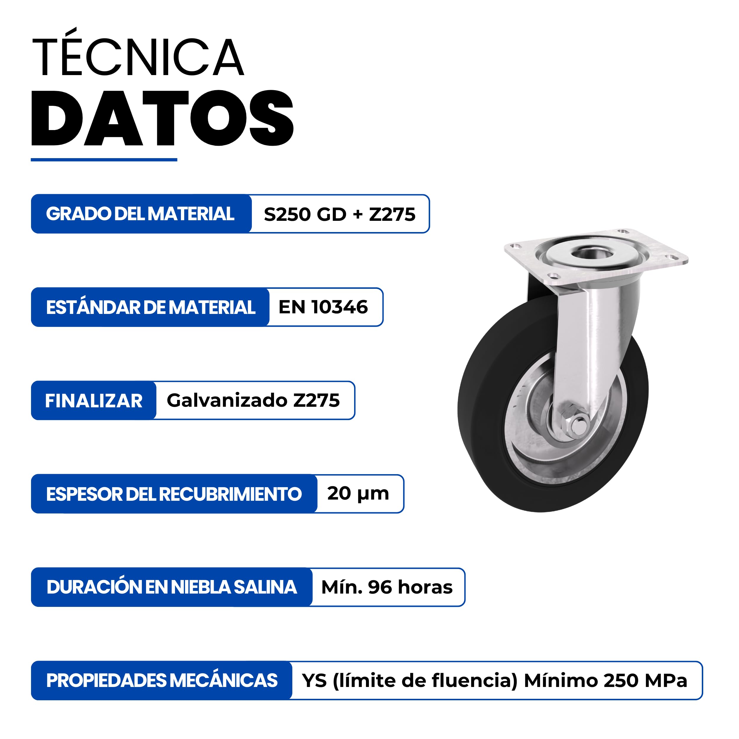 GeZu Impex Ruedas Giratorias 200x40mm Juego of 8 | Galvanizadas Ruedas Giratorias Alta Resistencia Poliuretano Goma Sólida para Bancos de Trabajo Muebles Carros Equipos