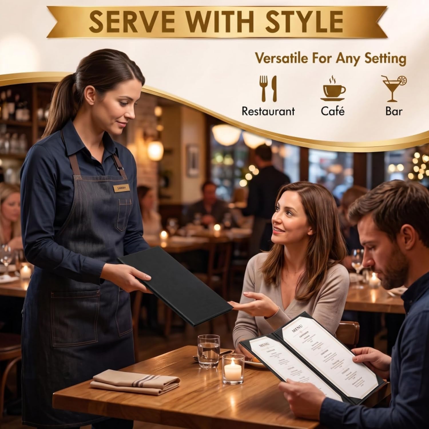 3 Pack 2 View Menu Cover, 4.25 x 11 Inches PU Leather Menu Holder