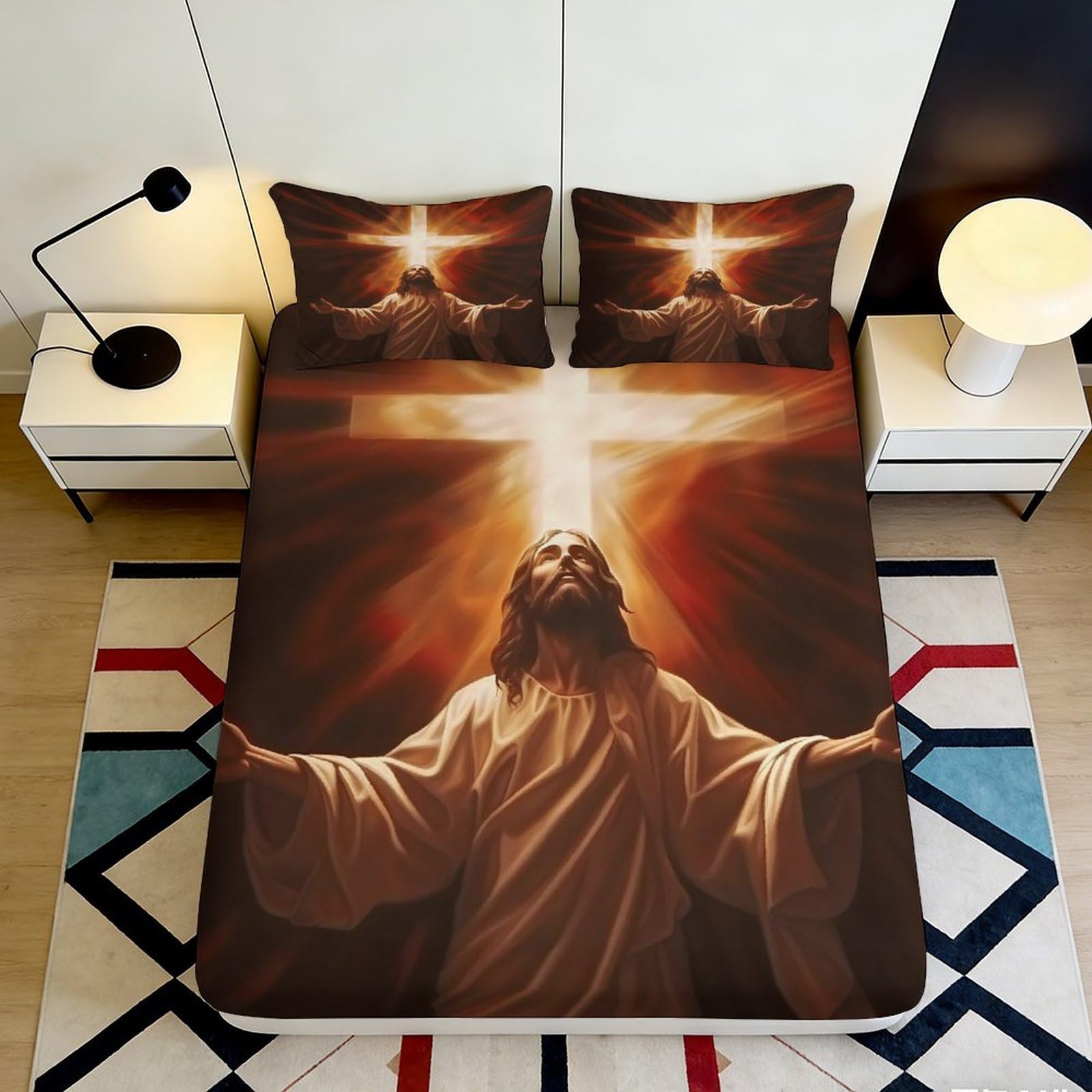 3D Printed Jesus Light Fitted Sheet Microfiber Soft Breathable Resurrection Bed Cover for Bedroom Guest Room Decor 90x200x25cm