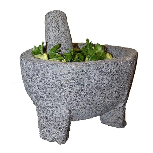 Nuevo Molcajete Guacamole Basalto Lava Stone Mortero y mortero de especias de mortero de 6" Mortero Tamaño 6" de diámetro, 4" de alto. Maja 2.5" de