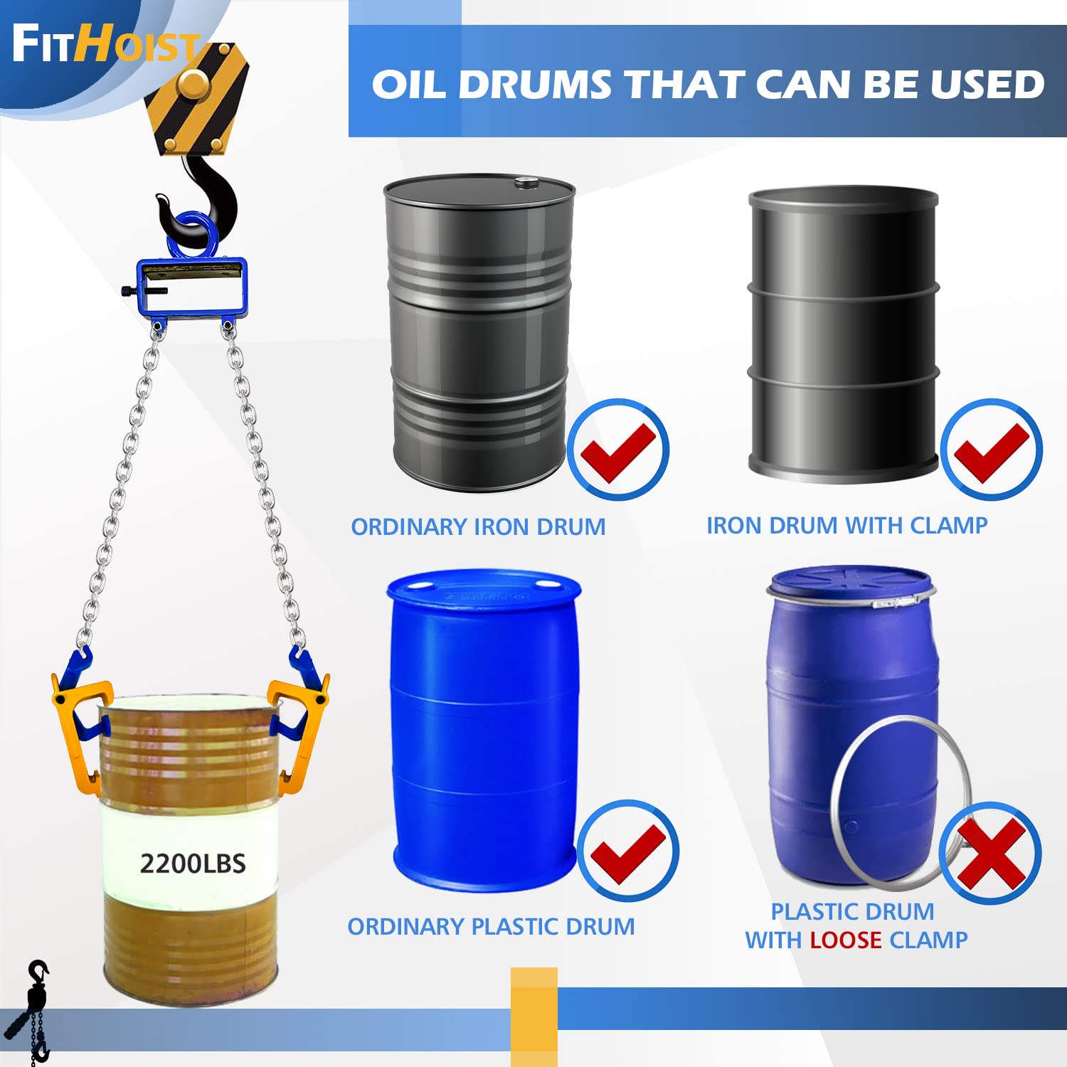 FITHOIST Updated Chain Drum Lifter | 2200 lbs Vertical Drum Lifter Chain Sling | Drum Handling Equipment 1 ton Capacity | Fit for Metal Strap and Plastic lid Drums : Musical Instruments