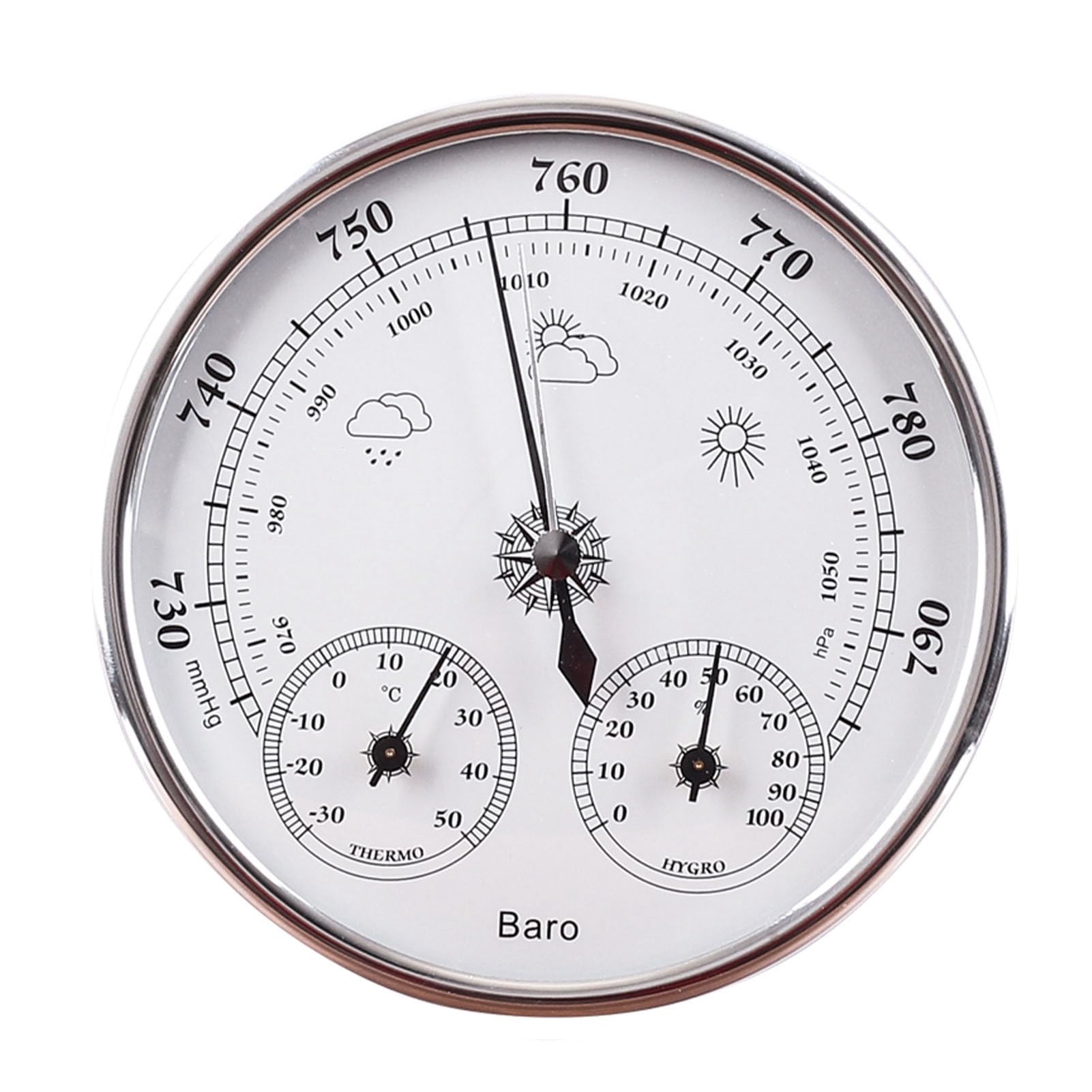 Termometro Barometro Igrometro 3 in 1 Per Tutte le Stagioni Appeso a Parete per Interni ed Esterni Strumento Meteorologico Preciso Argento Bianco 130mm