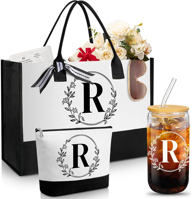 Aliceset Conjunto com 3 peças com inicial: bolsa tote, necessaire de maquiagem e copo de vidro, Letra R