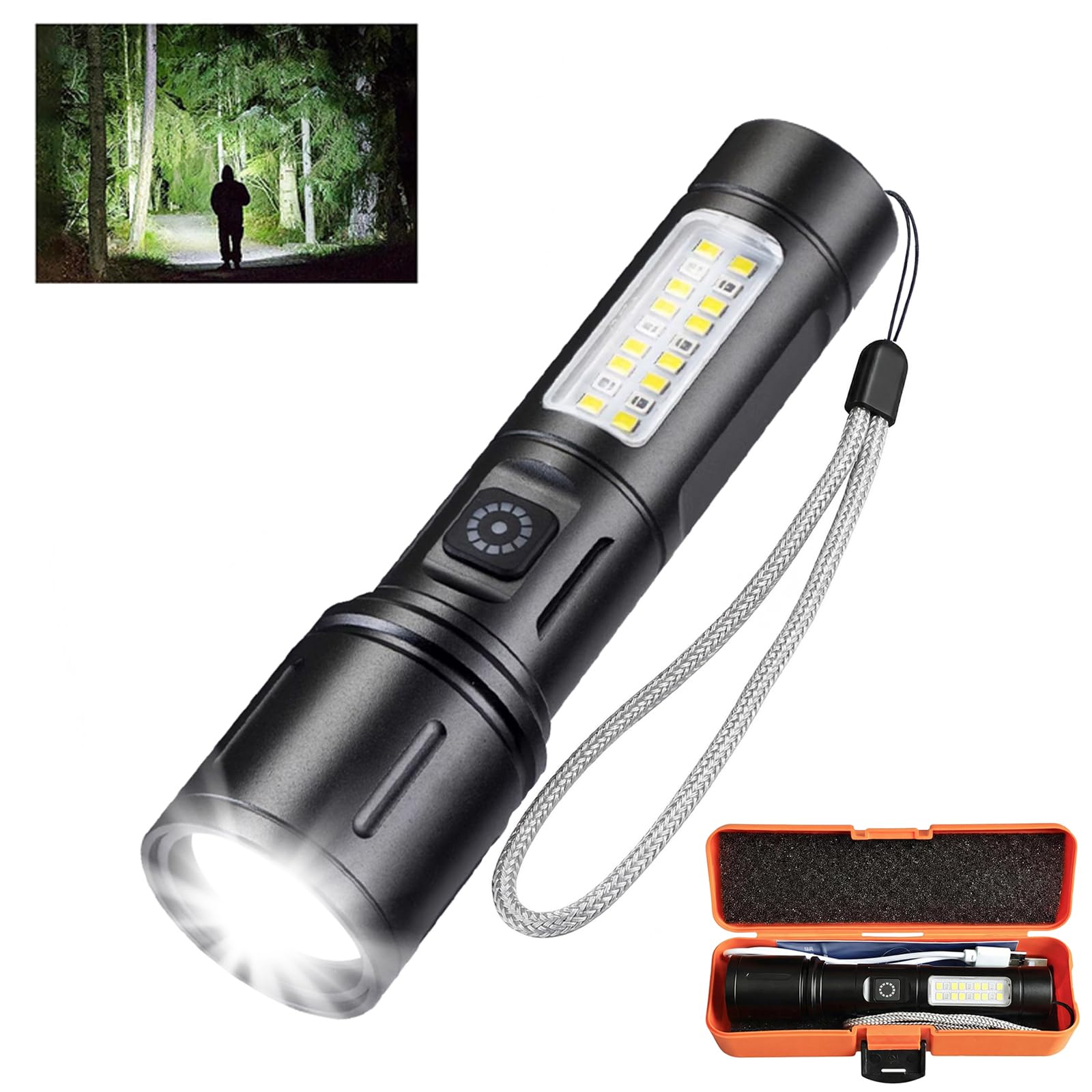 jercoda rechargeable flashlight, high lumen ultra bright led tactical flashlight with cob side light, white & red light, waterproof zoomable compact handheld flashlight for home, camping, emergency