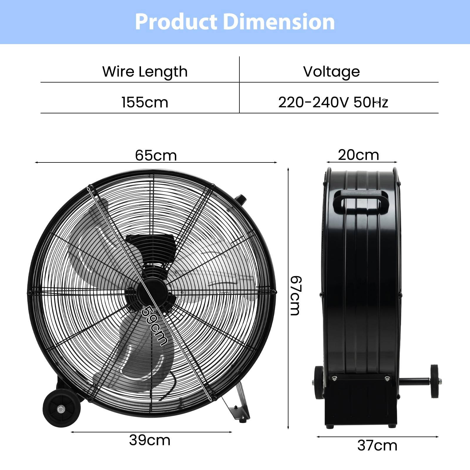 SOARS Ø60 cm Bodenventilator mit Rollen, Mobile Windmaschine mit 3 Windgeschwindigkeiten, Ventilator Metall Industriell, Standventilator für Lager, Werkstatt, Keller (Schwarz)