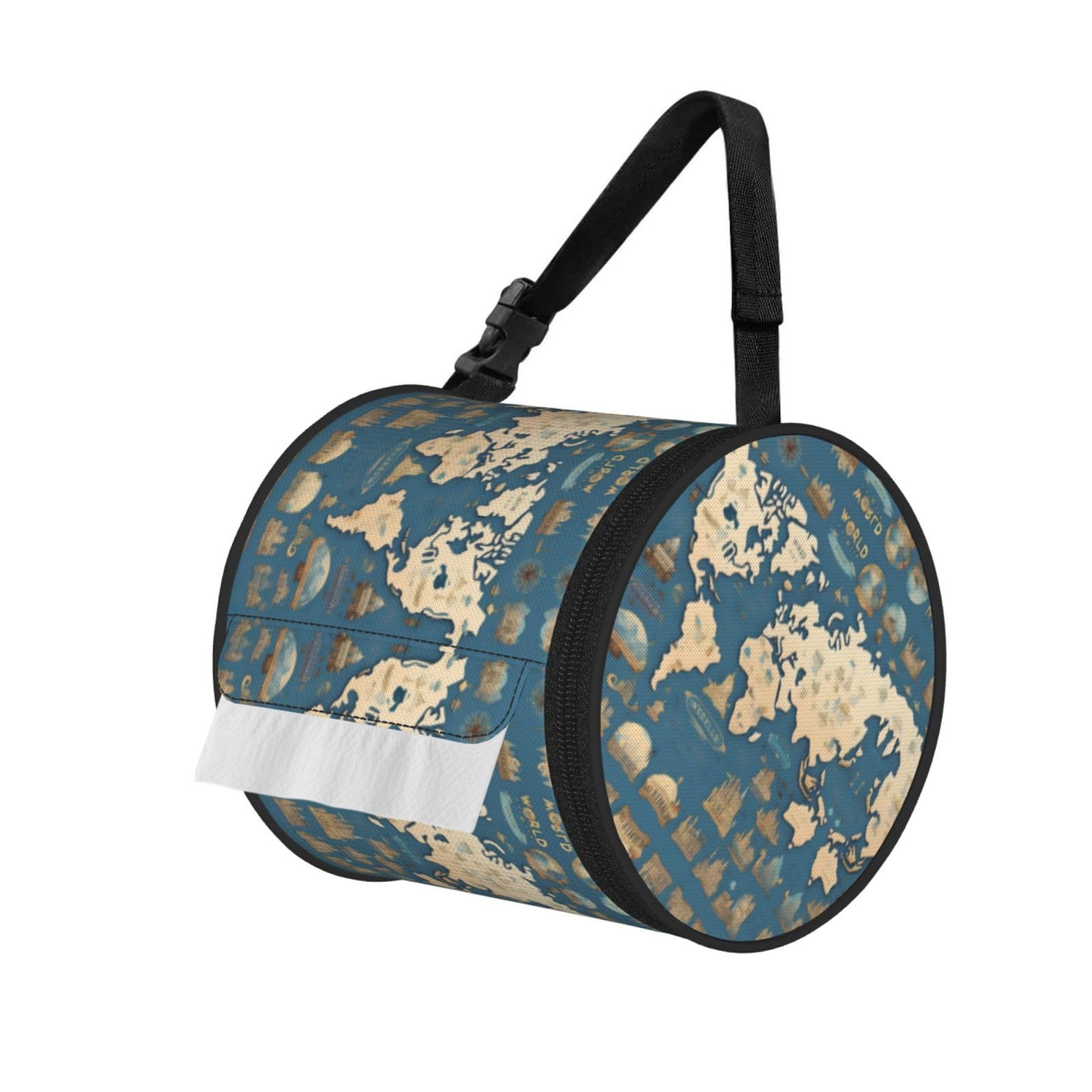 Jiuty Black World Map Print Cylinder Tissue Organizer Bag With Strap, Portable Toilet Roll Holder For Camping Car