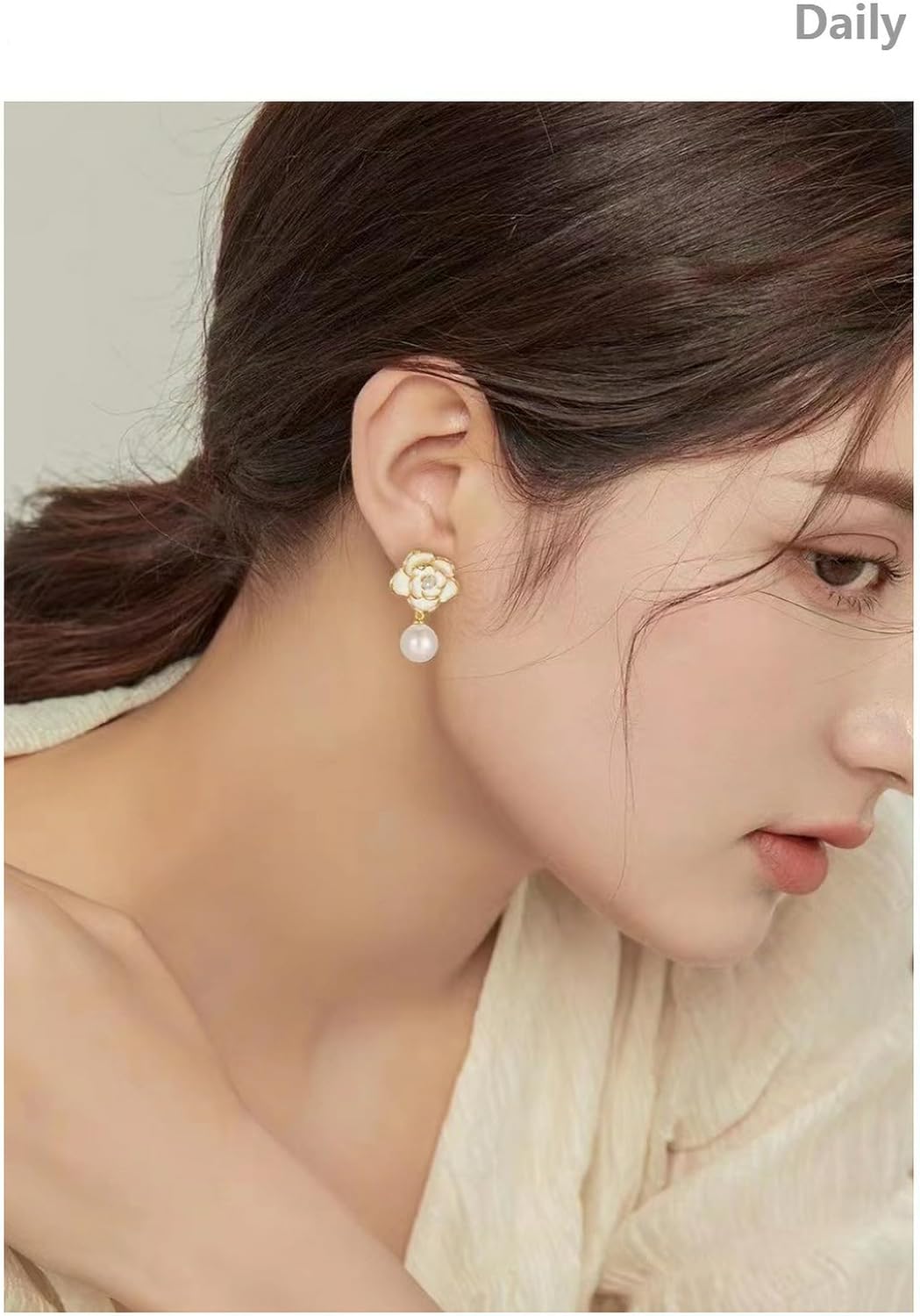 925 Sterling Silver Gold Dangle Earrings for Women, Floral Pearl Drop Bridal Gift - Image 2