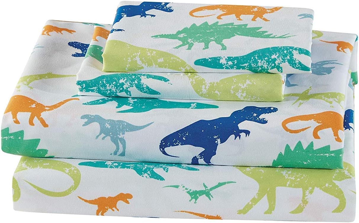 Elegant Homes Green Blue Orange Dinosaur Design Fun Printed Sheet Set with Pillowcases Flat Fitted Sheet for Boys/Kids/Teens (Dinosaurs Green, Queen Size)