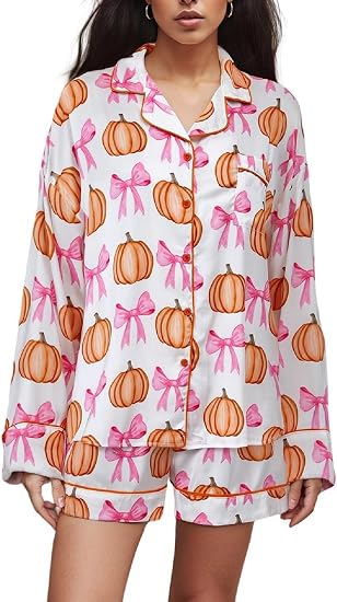 Argeousgor Womens Halloween 2 Piece Pajamas Sets Pumpkin Skull Print Long Sleeve Button Down Shirt and Shorts Y2k Sleepwear
