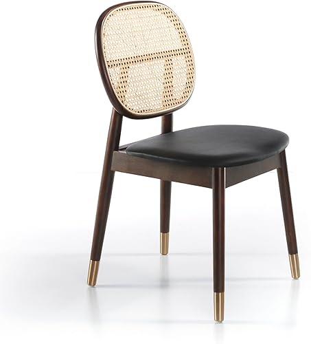 Silla comedor de madera maciza de fresno en Nogal con asiento en polipiel y respaldo en rejilla de ratán. Asiento relleno de espuma inyectada de