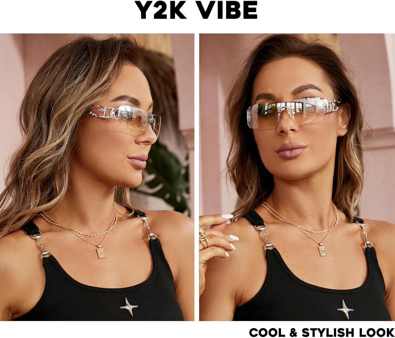 mosanana Y2K Rhinestone Flame Rectangle Sunglasses for Women with Bling Glitter MS52350 - Image 3