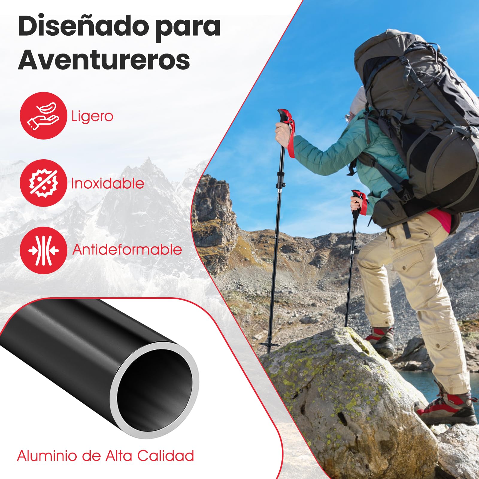 COSTWAY Bastones de Senderismo Plegables, Bastones Trekking de Aleación de Aluminio, Marcha Nordica, Ajustable 115-130CM, Mango de EVA, Correa Ajustable, Accesorios Todoterreno