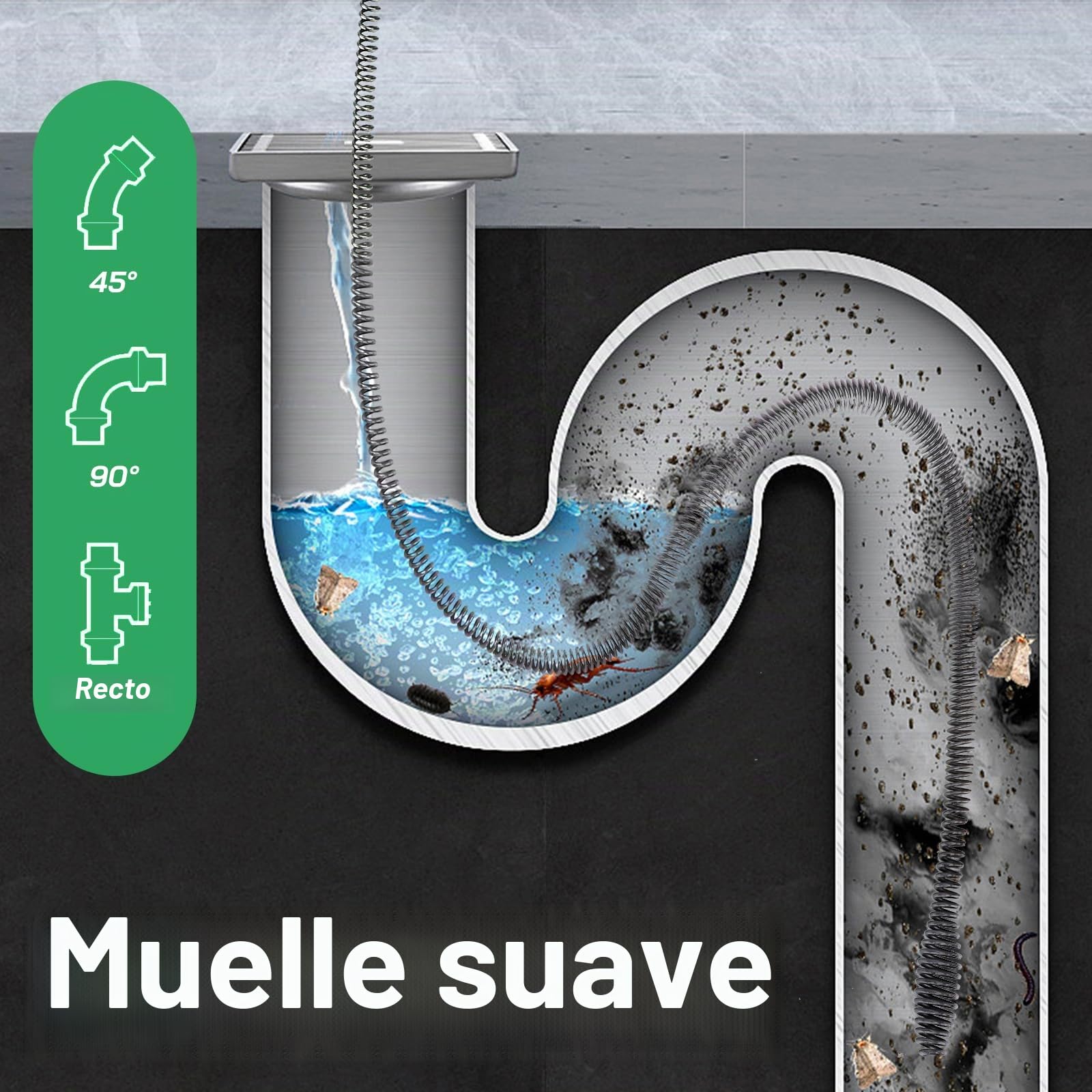 Alambre Desatascador Tuberias,10M*10mm Cable Desatascador Tuberias Fregadero Espiral de Limpieza Profesional con Adaptadores Eléctricos Manuales Fregaderos Cocina Cañerias Desagües Inodoros Obstruidos