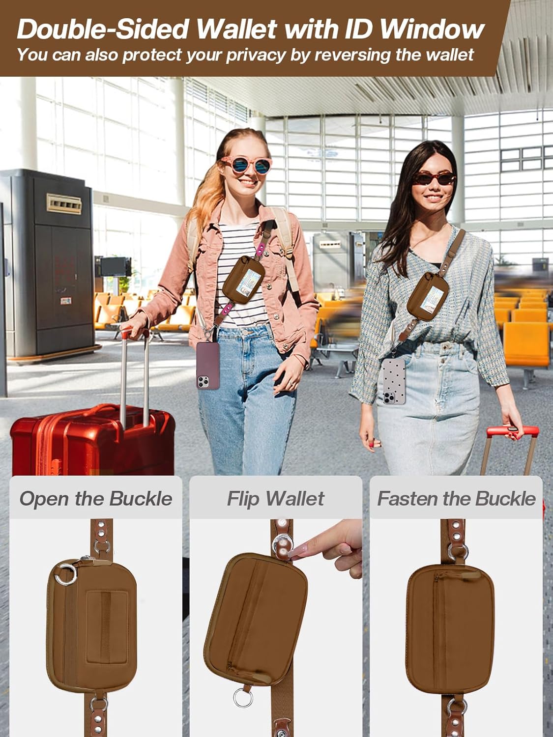 Clip and Go Strap for Phone with Wallet Crossbody Phone Lanyard Adjustable and Detachable RFID Wristlet Wallet with ID Window and Zipper, Brown Large - Image 5