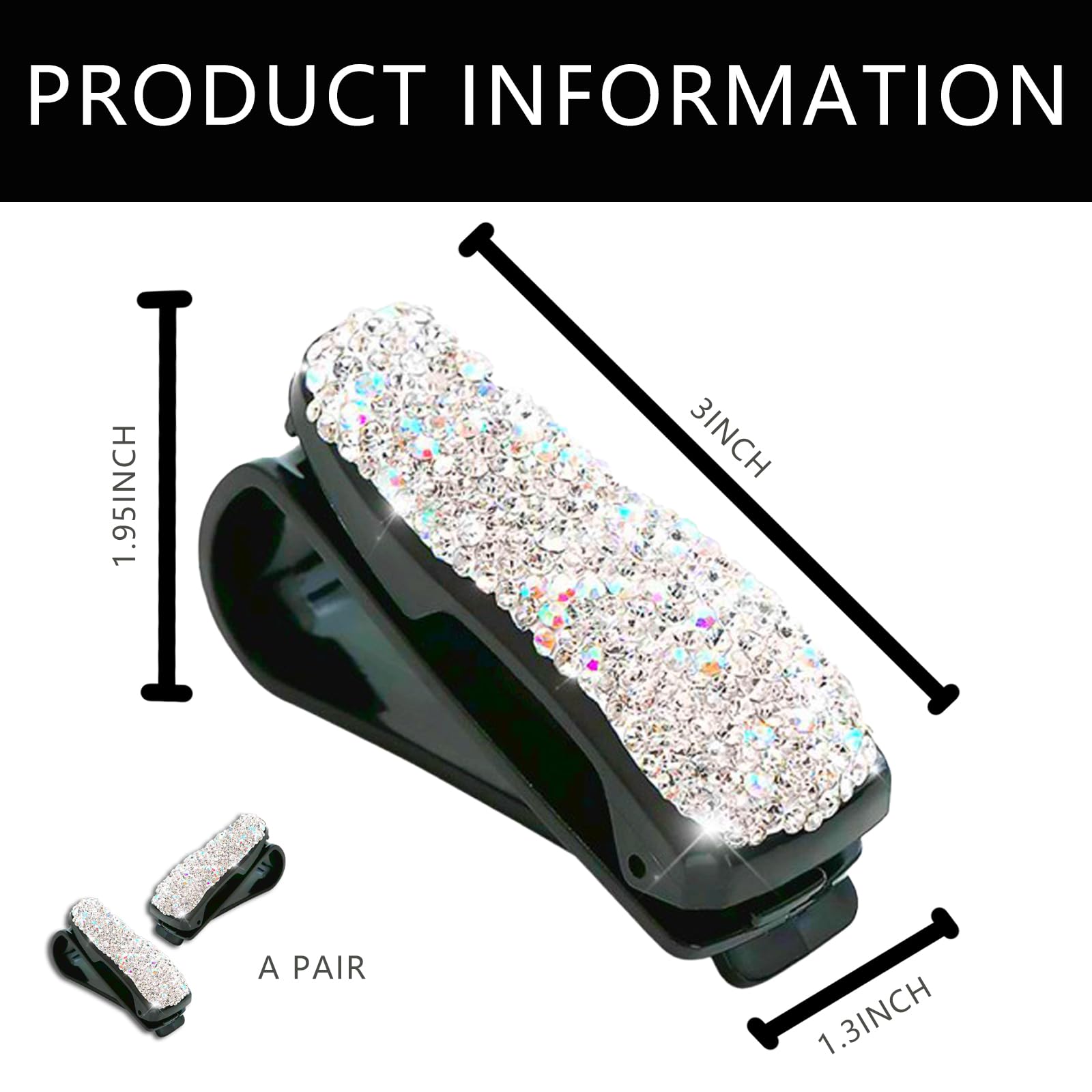 Luminuti 2 Pcs Bling Sunglasses Holders for Car Sun Visor, Bling Crystal Sunglasses Hanger, Fashion Ticket Card Clip Eyeglasses Mount for Women Girls (White)