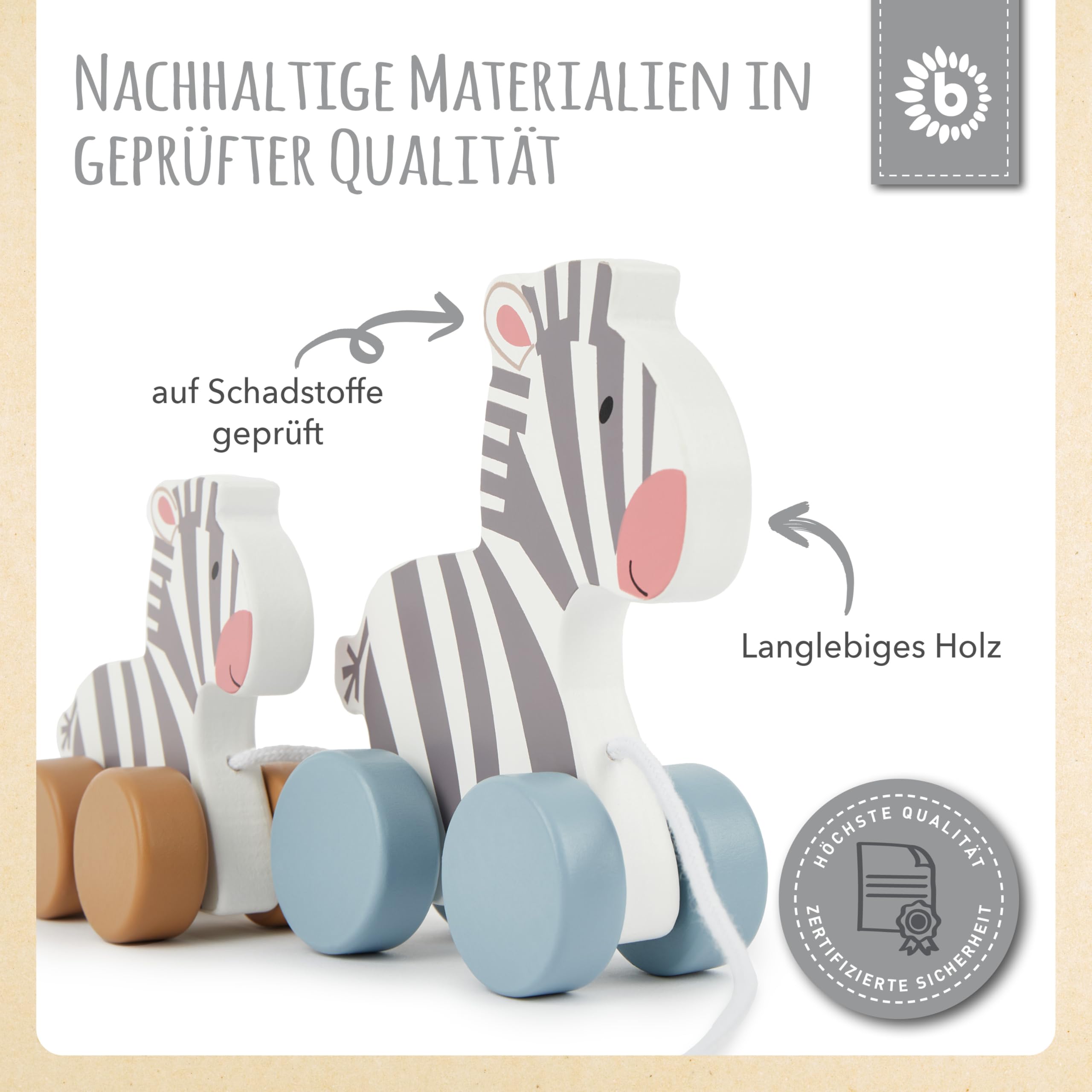 Bieco Holzspielzeug Baby Zebra - Hinterherzieh Tier zum Hinterherziehen - Holzspielzeug Baby ab 1 Jahr - Nachziehtier Holz Hinterherzieh Spielzeug ab 1 Jahr Spielzeug für 1 Jährige Nachzieh Spielzeug