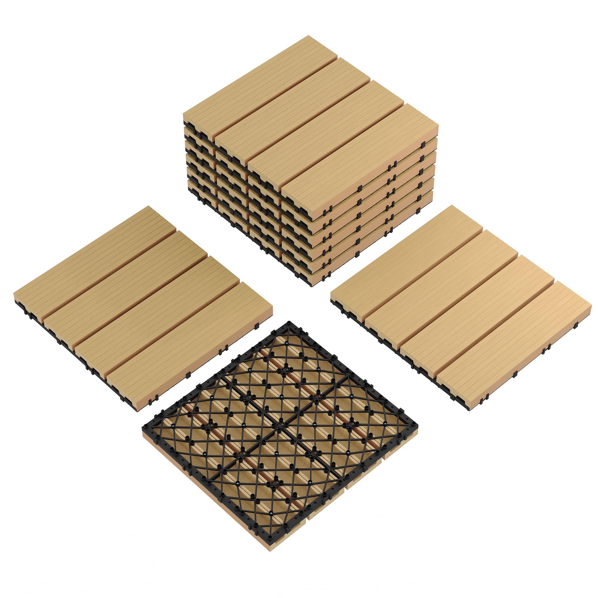 Crevyteg Teak Waterproof Interwoven Deck Tiles - 12"x12" Composite Patio Flooring, All-Weather, Non-Slip, Outdoor & Indoor Use for Balcony, Porch, Pool, Backyard, Garden, 9PCS/set