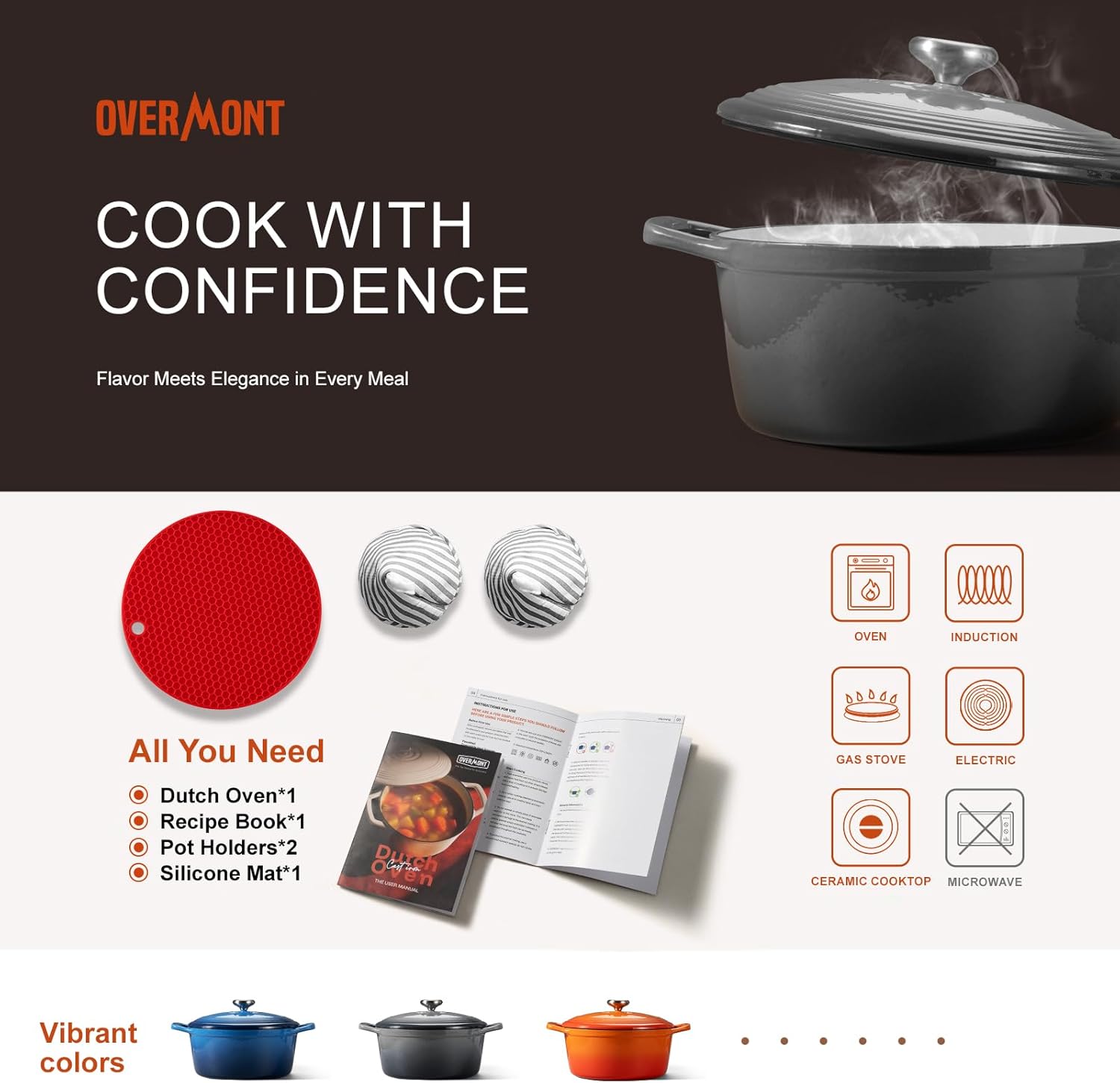 Overmont Enameled Cast Iron Dutch Oven - 5.5QT Pot with Lid Cookbook & Cotton Potholders - Heavy-Duty Cookware for Braising, Stews, Roasting, Sourdough Baking Grey