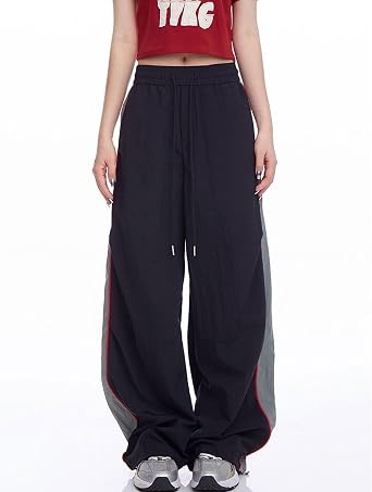 FCOOLYEET Womens Y2k Track Pants Baggy Sweatpants Drawstring Parachute Pants Hip Hop Dance Pants for Women