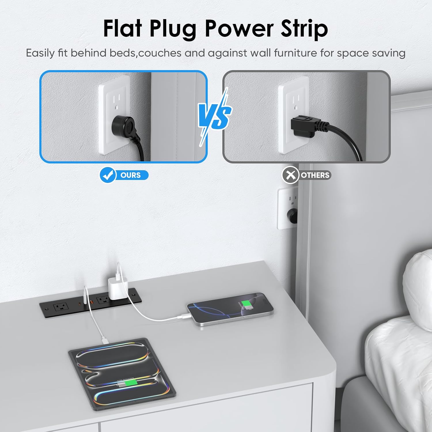 Recessed Power Strip with 45W USB-C Fast Charging, HEZI Furniture Drawer Outlet Plug in 3 Outlets & 3 USB Ports, Flush Mount Outlets for Conference Desk, 6ft Black Cord