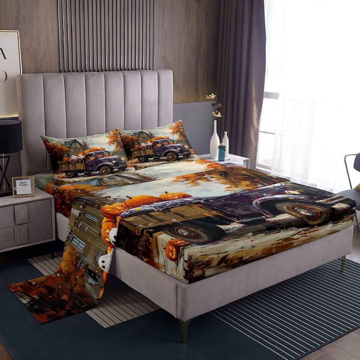 Spider Bat Bed Sheet Queen Set Pumpkin Lantern Sheets Sets Adults Bedroom Decor Owl Cat Ghost Microfiber Bedding Set with Flat,Fitted Sheet,2 Pillow Cases