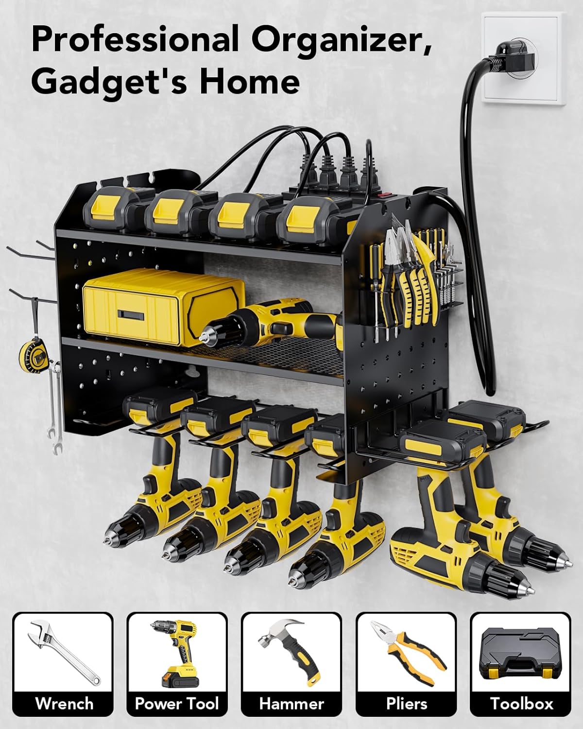 HOEMASY Power Tool Organizer Wall Mount, 3-Tier with 4 Outlet Charging Station | 100lbs Load Heavy Duty Garage Storage Rack for Drills, Batteries, Tools | Gift for Men, Dad, Workshop & Pegboard Black