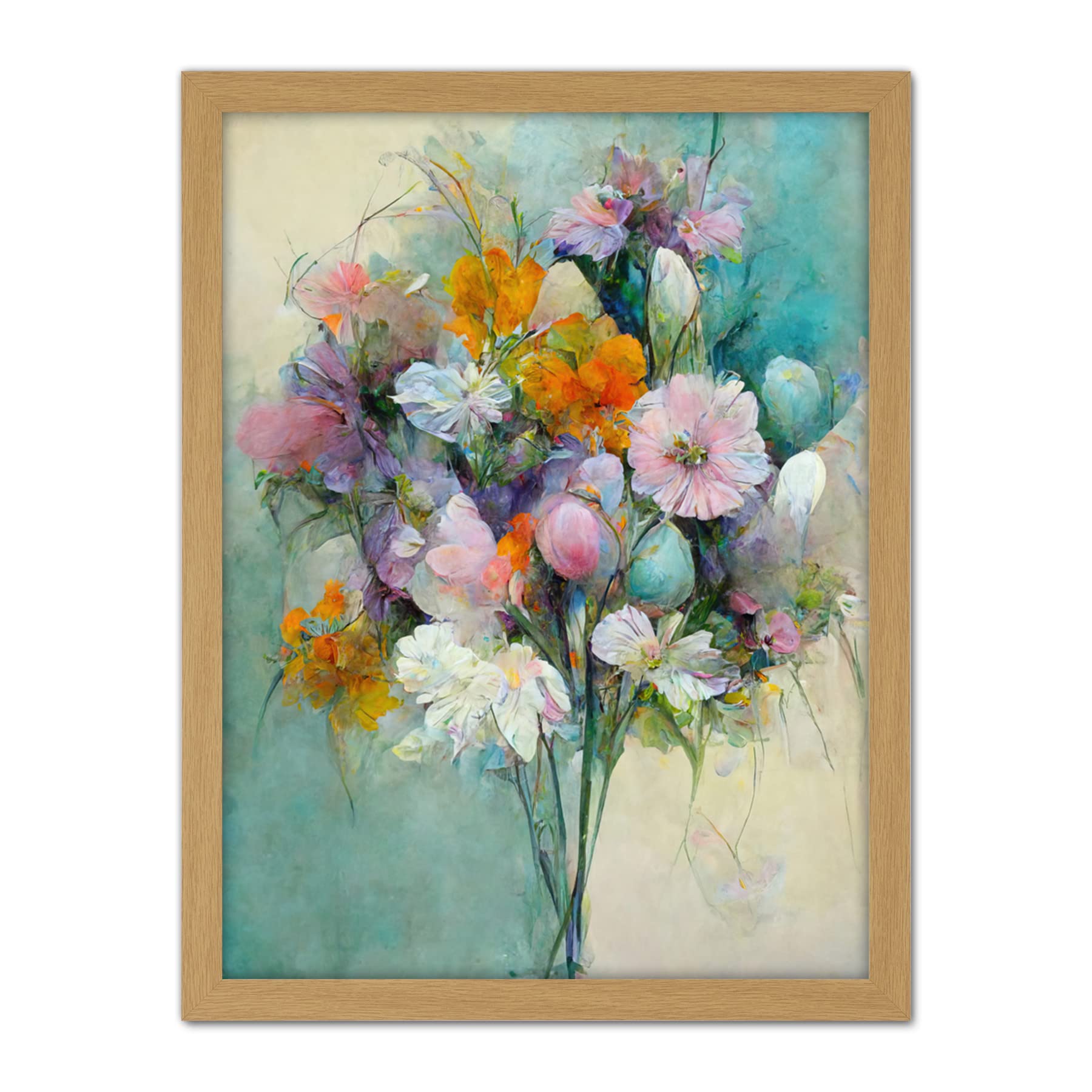 Doppelganger33 LTD Watercolour Pink Orange And Teal Spring Flower Bouquet Illustration Artwork Framed Wall Art Print 18X24 Inch