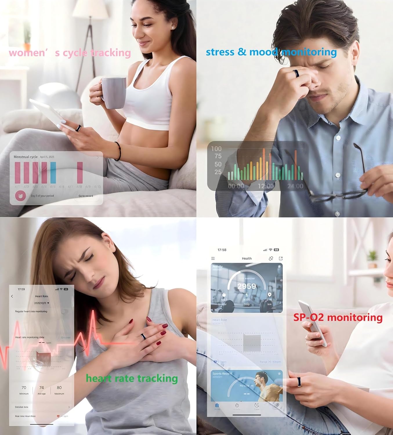 Yihou Smart Ring with Display Heart Rate Monitor Sleep Tracking Step Counter Call Number Display Multi-Sport Modes Gesture Control IP68 Waterproof Fitness Ring Health Tracking Ring for Men Women - Image 5