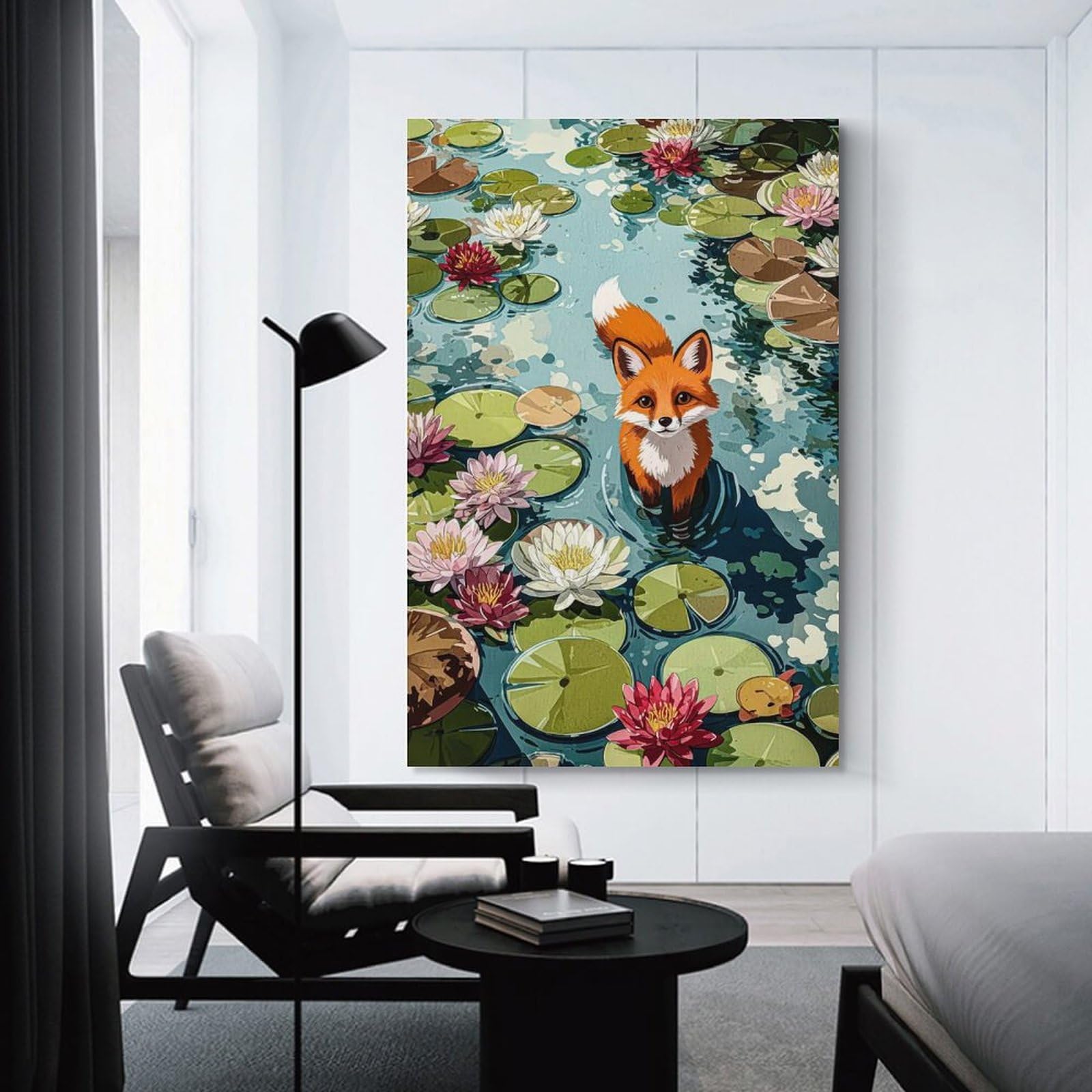 Junmoney Fox in Lily Pond Illustration Canvas Art Print, 24x36inch(60x90cm), for Bedrooms, Workspaces And Everyday Interiors, A Flexible Wall Accent for Shared Spaces