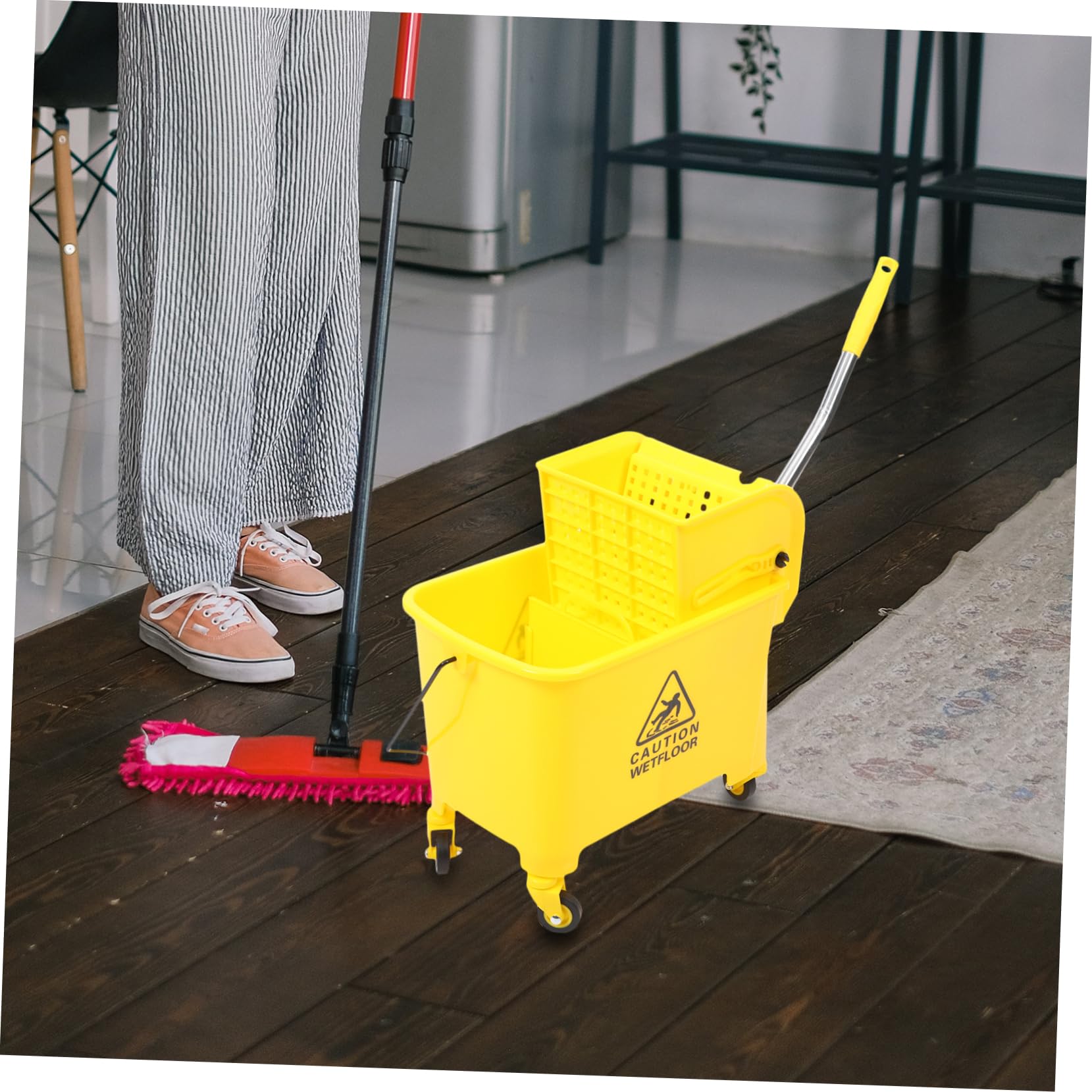 Mikikit Cubo de Fregona Comercial Ruedas 20l Plástico Prensa Lateral Movilidad Silenciosa Limpieza Hogar Industria Profesional Uso Seguridad Alta Color Aleatorio