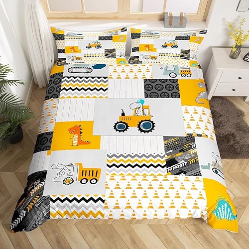 Miniatura 3 de Juego de ropa de cama de construcción, tamaño individual, para niños, con dibujos animados, excavadora, tractor, juego de funda de edredón para