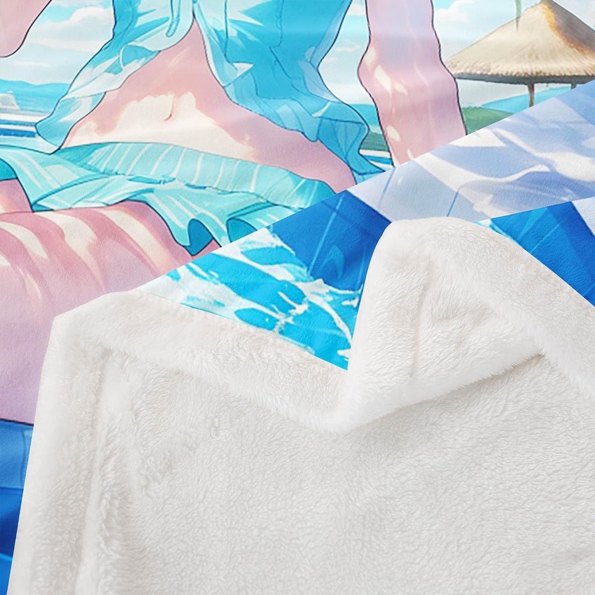 Hawaii Girl Flannel Fleece Blanket,Japanese Style Kawaii Princess Super Soft Blanket for Sofa Couch,Summer Swimming Pool Tropical Palm Trees Blue Sky Bed Blanket for Bedroom,Twin 60"x80"