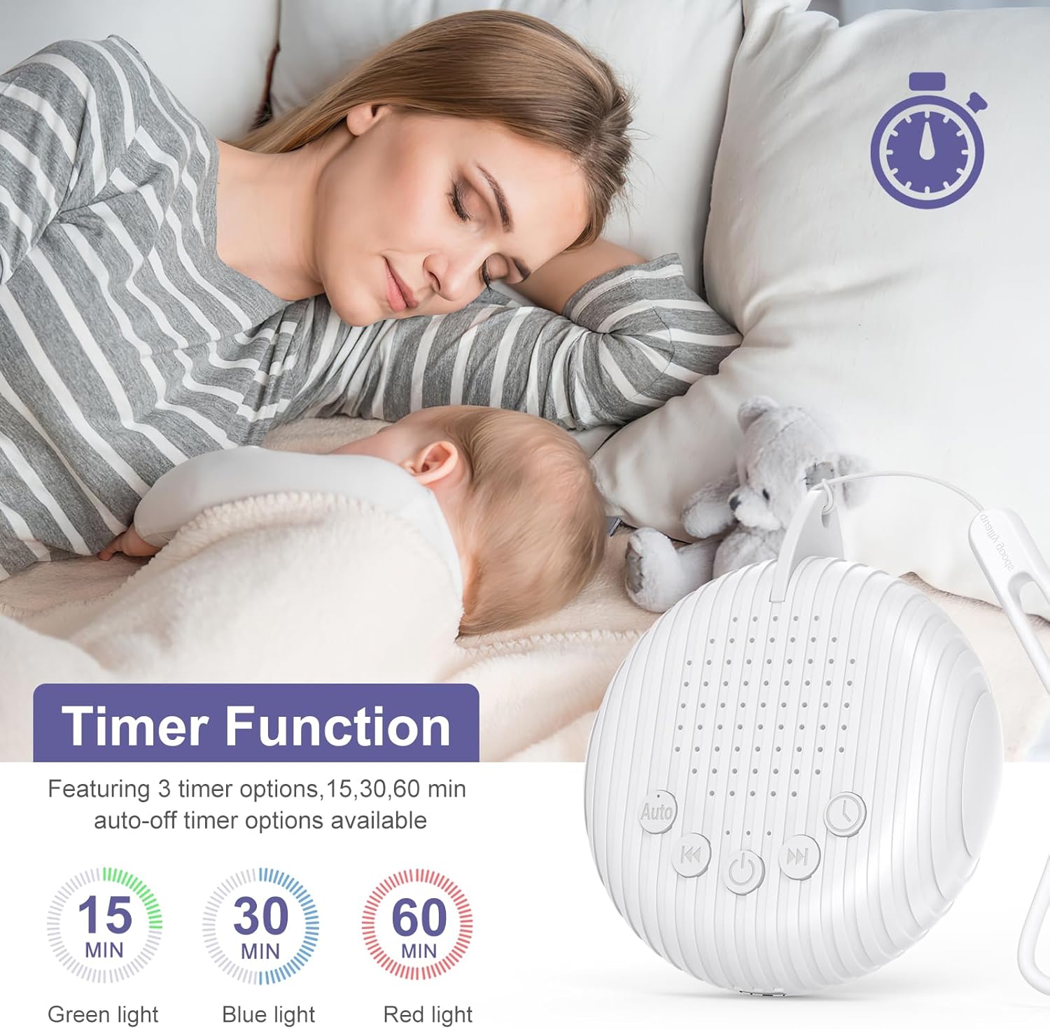 Image showing timer function options on the OQIMAX White Noise Machine