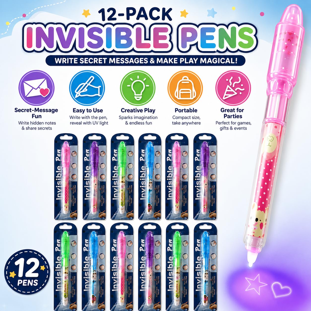 MONKEYTAIL Birthday Return Gift for Kids, 12 Pcs Invisible Ink Magic Pens with UV Light | Secret Message Pen, Fun Magic Toy & Party Favors for Boys & Girls 2