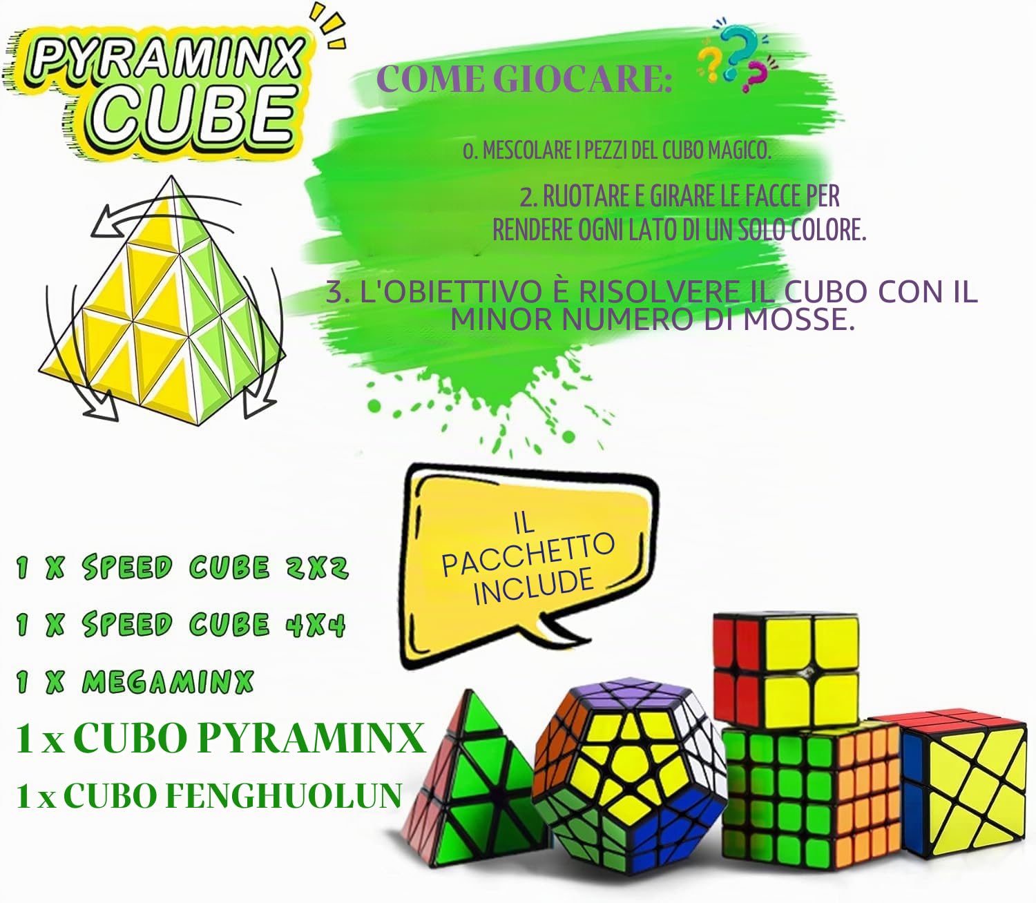 Coolzon Set di 5 Cubi Magici, Set di 5 Cubi Magici di Velocità 2x2 4x4 Fenghuolun Pyraminx Pyramid Megaminx Fenghuolun Puzzle Cube Giocattolo Regalo per Bambini Adulti