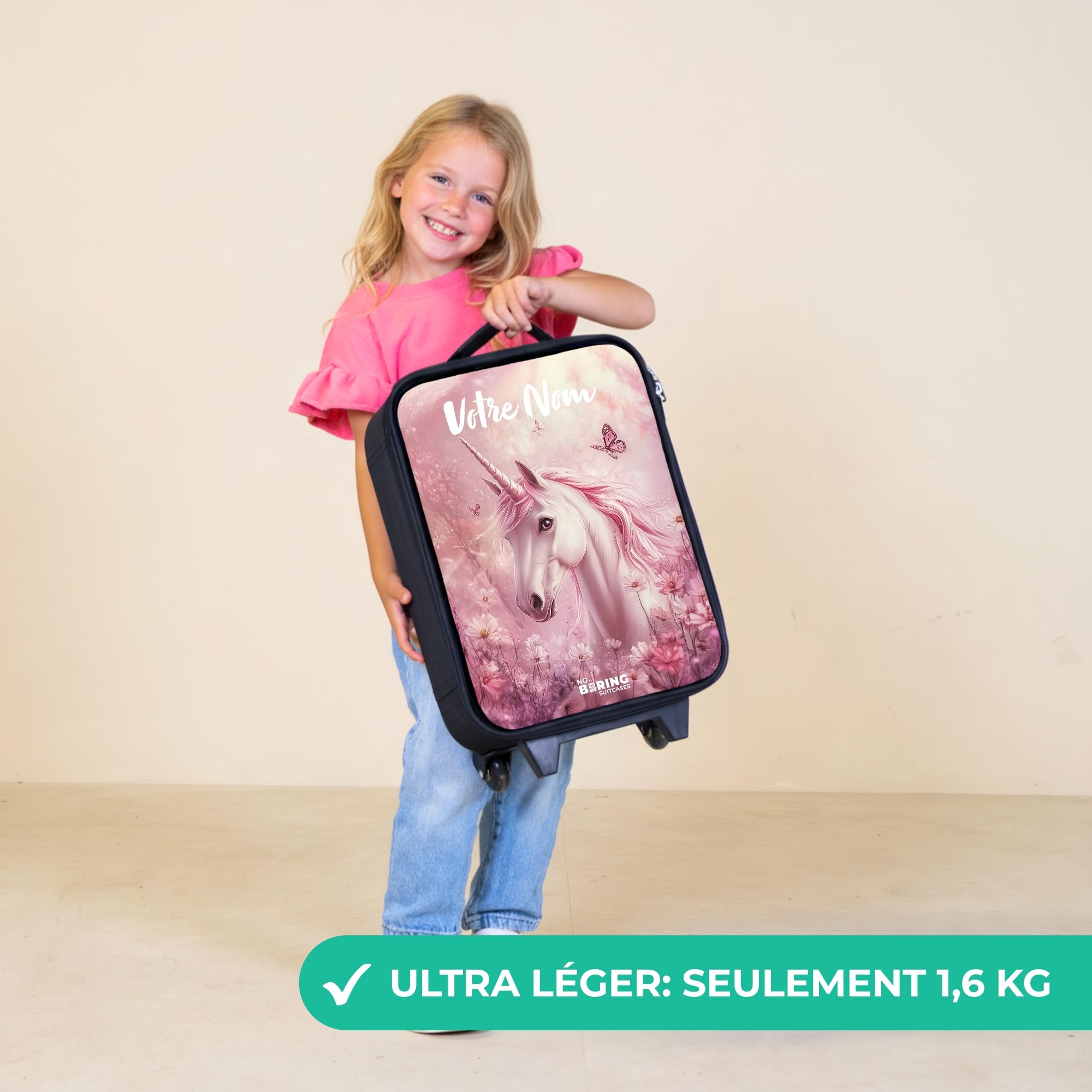 NoBoringSuitcases.com® Valise Enfant Personnalisé avec Un Nom 48x31x19 cm Ultra Légère Bagages À roulettes LED pour Enfants Valisette A Roulette Ado - Fille - Licorne - Rose - Papillons - Fleurs