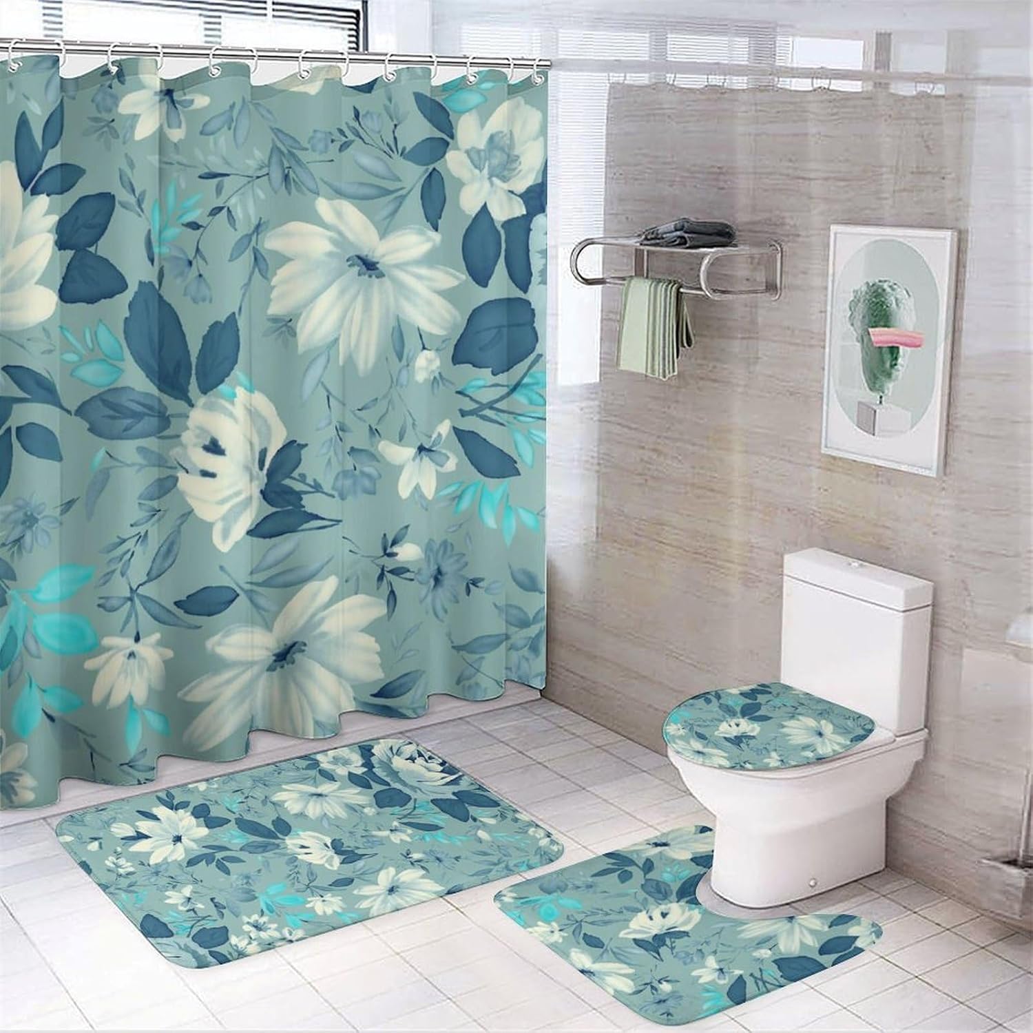 Rideau de douche floral vintage bohème et lot de tapis de bain en tissu premium