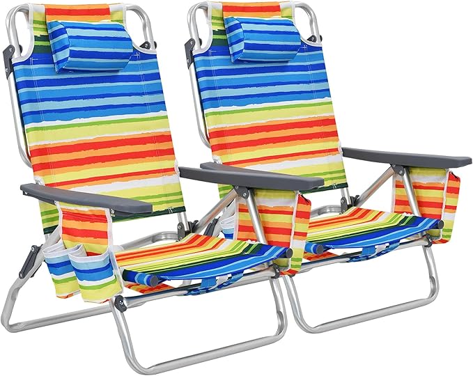 COSTWAY Backpack Beach Chairs, 2-Pack Portable Camping Chairs with Cup Holder, Ice Bag, 5-Position Outdoor Reclining Chairs for Adults, Travel, Sunbathing, Support 300 LBS, Multi Color