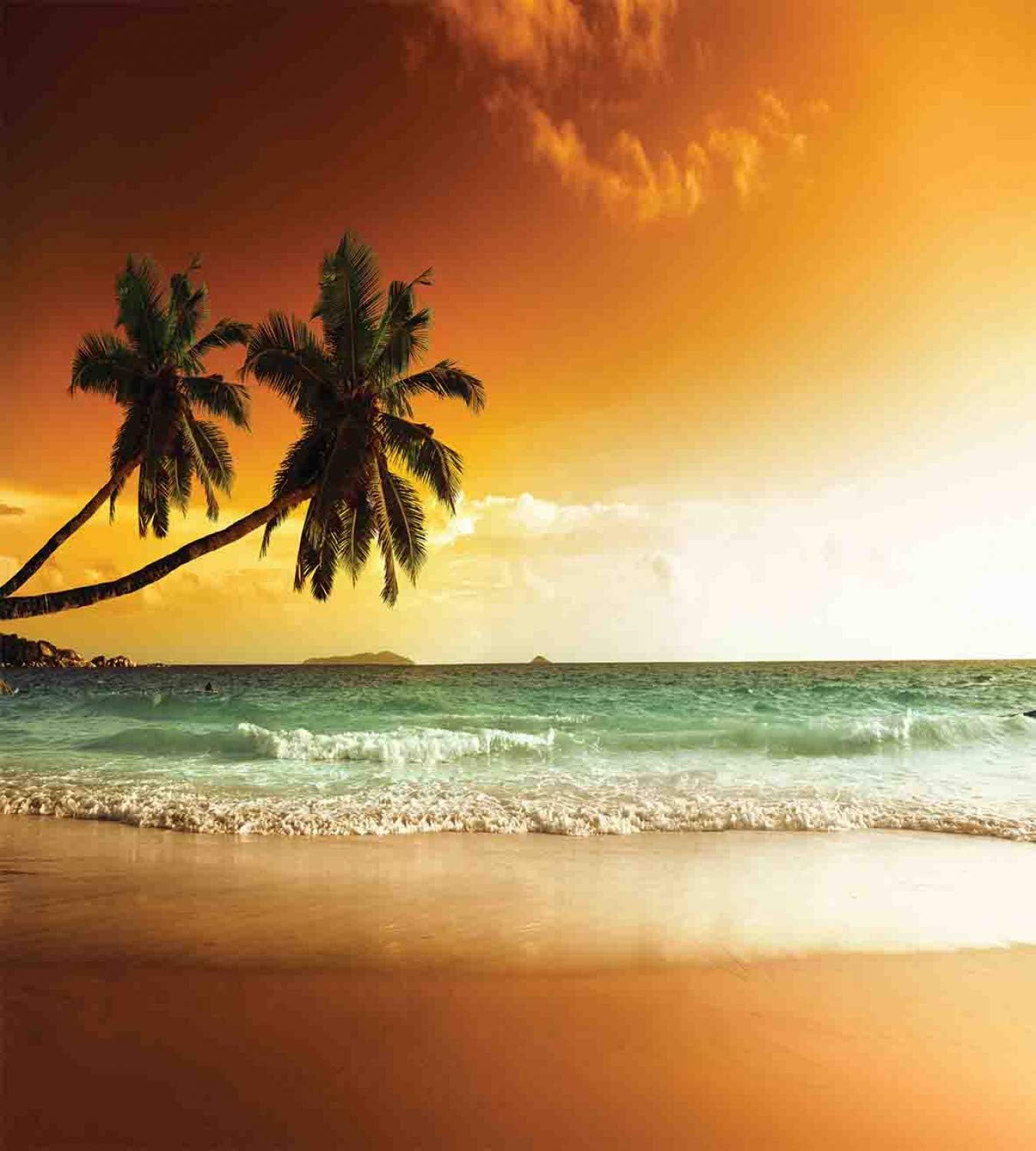 Ambesonne Tropical Duvet Cover Set, Palm Trees Over Wavy Ocean Sandy Beach and Dramatic Sky Exotic Vacation, Decorative 3 Piece Bedding Set with 2 Pillow Shams, Queen Size, Amber Green White