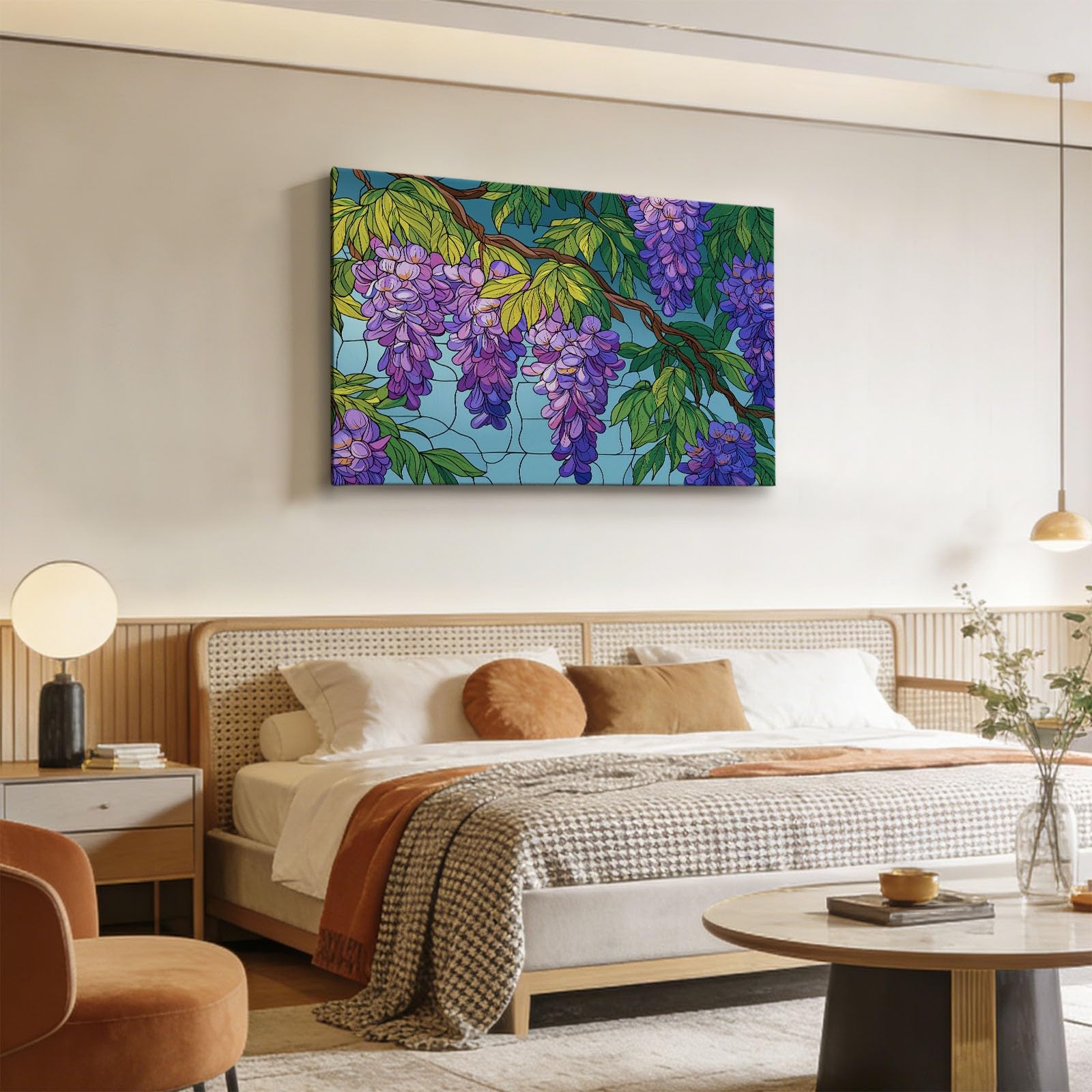 Generisch Ölgemälde Botanisch Glyzinie Grüne Blätter Modernes Leinwandbild 140L x 70B cm mit Rahmen, Cartoon XXL Wanddeko für Wohnzimmer Geschenk Idee Einzug - Hochwertiger Kunstdruck auf Holzrahmen