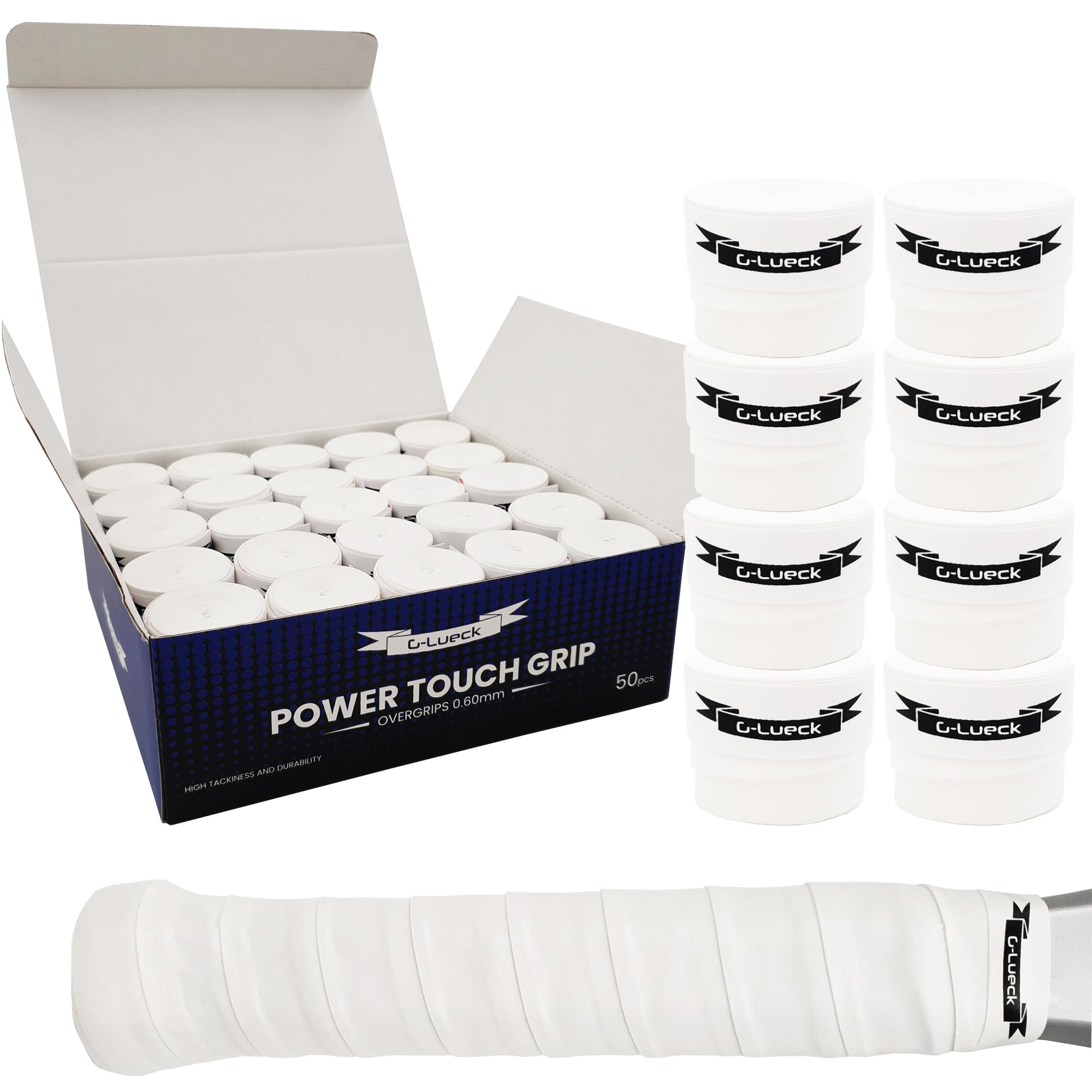 G-Lueck Juego de 50 bandas de agarre prémium para raquetas de bádminton, agarre alto, larga duración, 0,60 mm de grosor, antideslizante