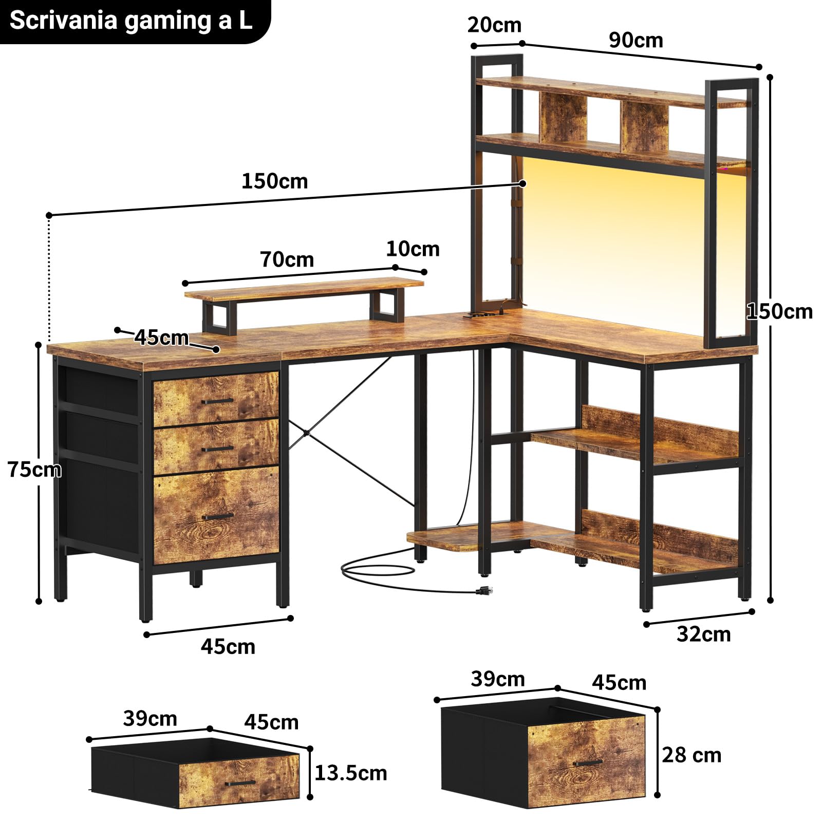 Homieasy Scrivania Gaming 150cm a L LED, Prese, Cassetti, Marrone Rustico | USB &Type-C, Libreria, Supporto Monitor, Reversibile, Salvaspazio, Struttura in Metallo e MDF