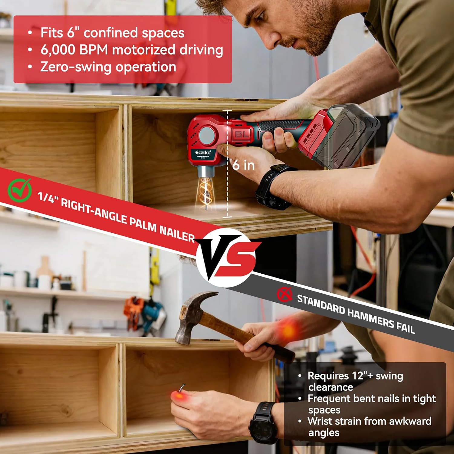 Ecarke Cordless Palm Nailer Compatible with Milwaukee 18V Battery (Tool Only) - 6000 IPM Brushless Auto Hammer with Magnetic Nail Guide & LED for Framing, Joist Hangers, Tight Spaces