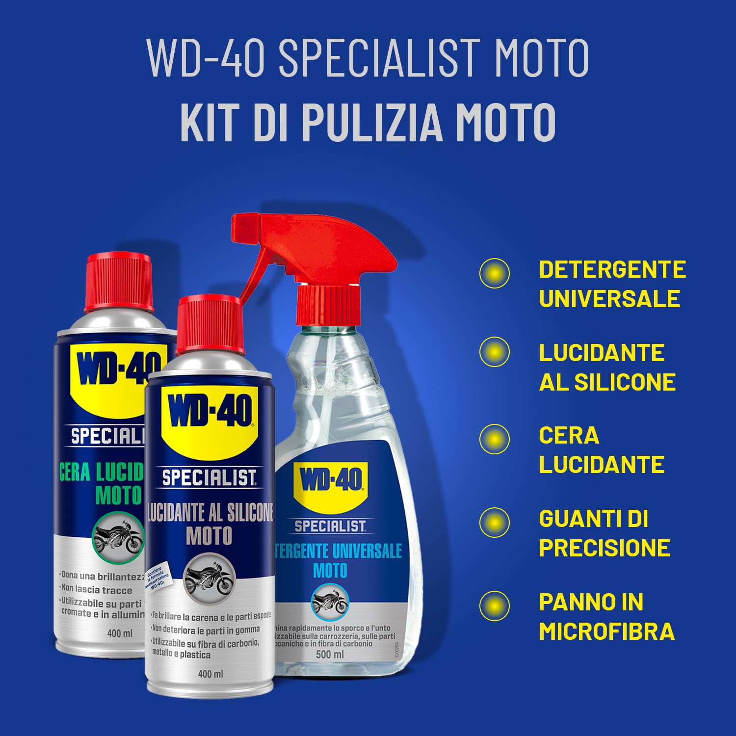 WD-40 Specialist Kit Pulizia Moto Professionale con Detergente 500 ml, Cera 400 ml, Lucidante al Silicone 400 ml - Include Guanti e Panno Microfibra per Plastica Metallo Cromature
