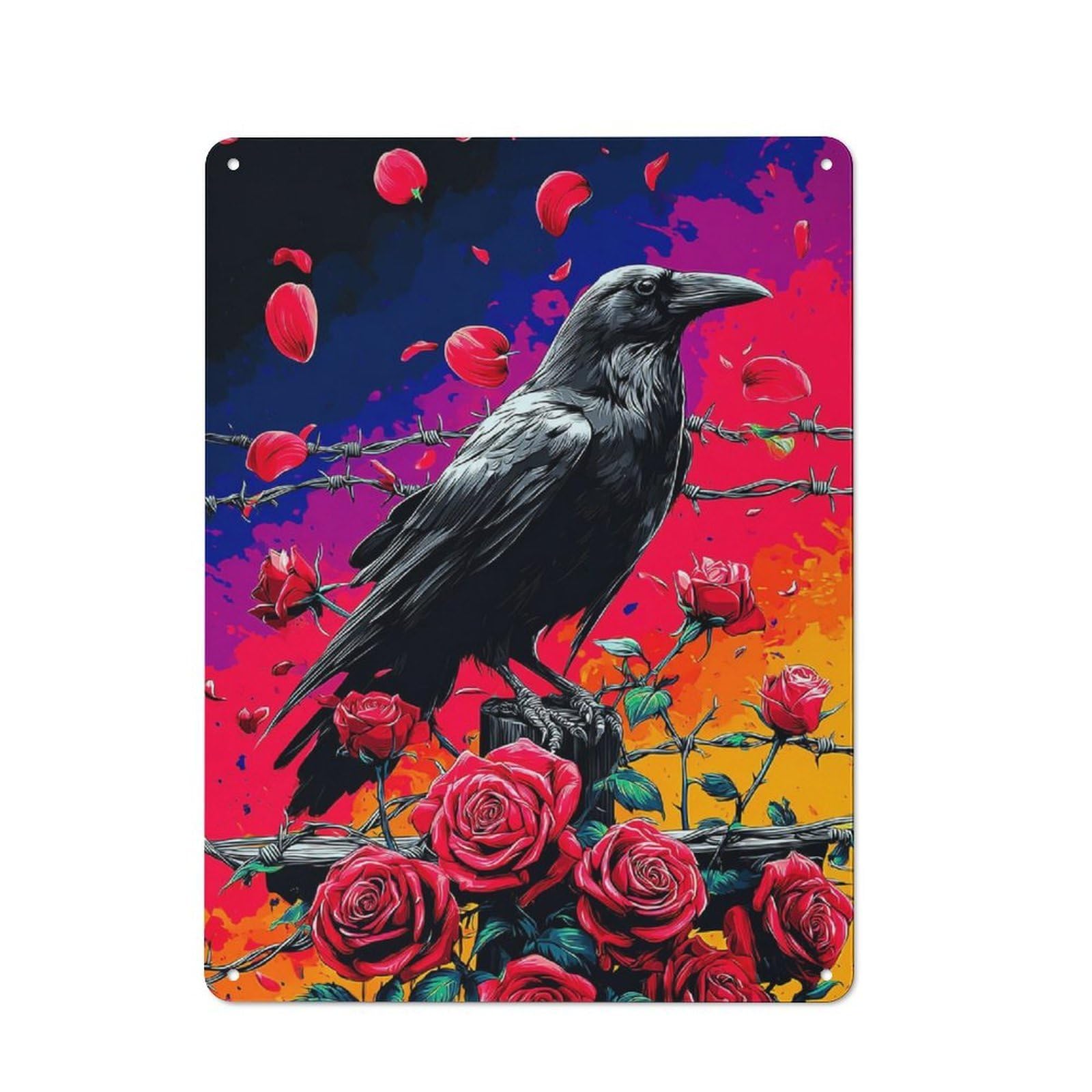 Junmoney Raven Amidst Barbed Wire And Roses Industrial Tin Sign 40X30cm, Garage Wall Decor For Garage, Hobby Room, Office Or Man Cave