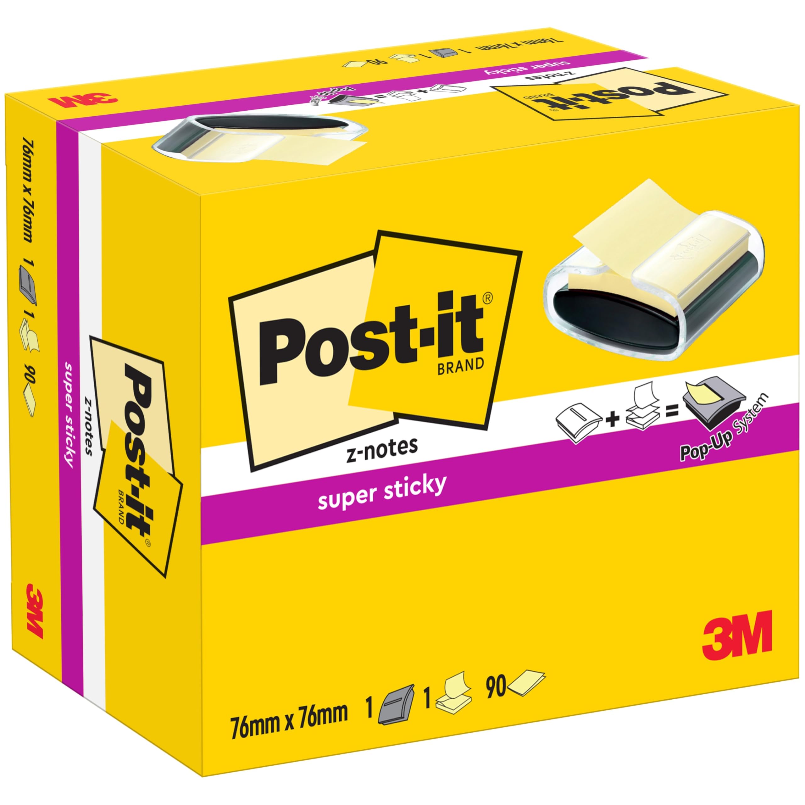 Post-itZ-Notes Dispenser PRO Black + Post-it Super Sticky Z-Notes Canary Yellow, 1 Pad 90 Sheets, 76 mm x 76 mm - for Convenient One-Hand Dispensing on Your Desk