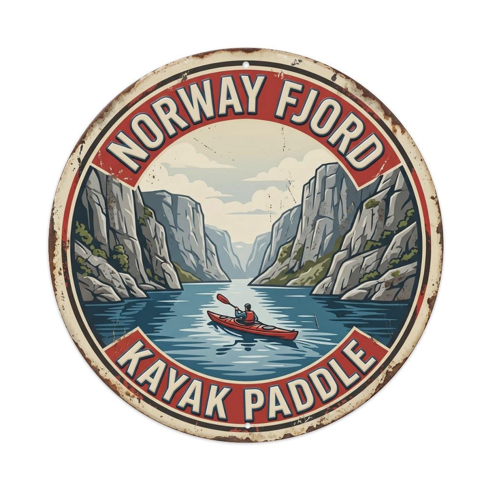 Fjord Kayak Paddle Norway Adventure Metal Tin Sign Plaque Wall Decor for Cafe, Club, Garden Round Metal Poster 8x8Inch